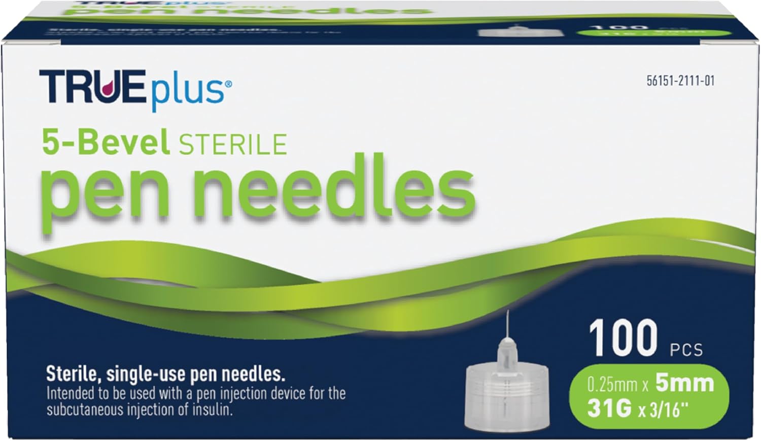 TRUEplus 5-Bevel Sterile Pen Needles, 32G x 4mm (5/32 Inch), Single-Use Needles, Silicone Coated, Compatible Thread with Major Pen Devices, 100 Count