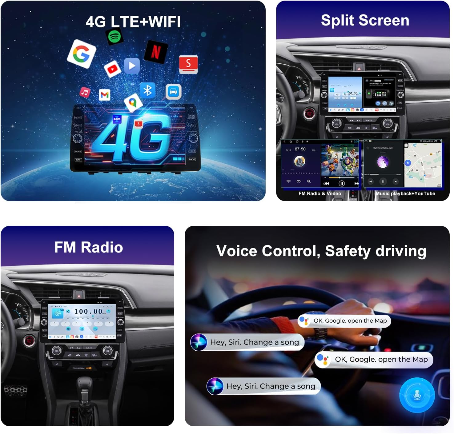 4G LTE QLED Radio for Honda Civic 2016-2021 Upgrade,8-Core CPU Touch Screen Stereo,Wireless CarPlay & Android Auto,Support OEM SWC and Camera