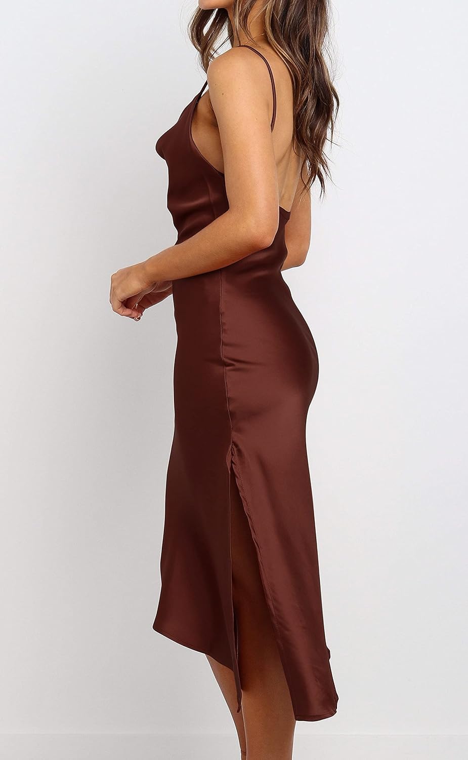 R.Vivimos Women's Satin Dress Spaghetti Straps Side Slit Cowl Neck Irregular Hem Midi Dress - Image 4