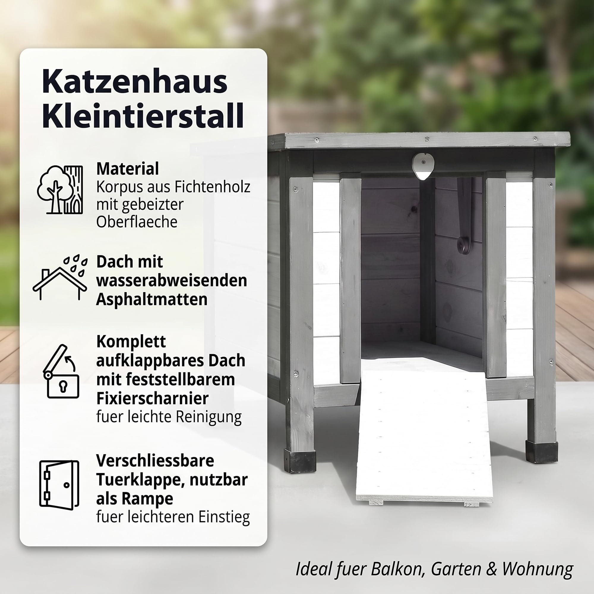 Mucola Katzenhaus Winterfest mit klappbarem Deckel und Rampe 50x45x43cm Katzenhütte Outdoor Wurfkiste Holz Katzenhöhle Katzenschlaftplatz