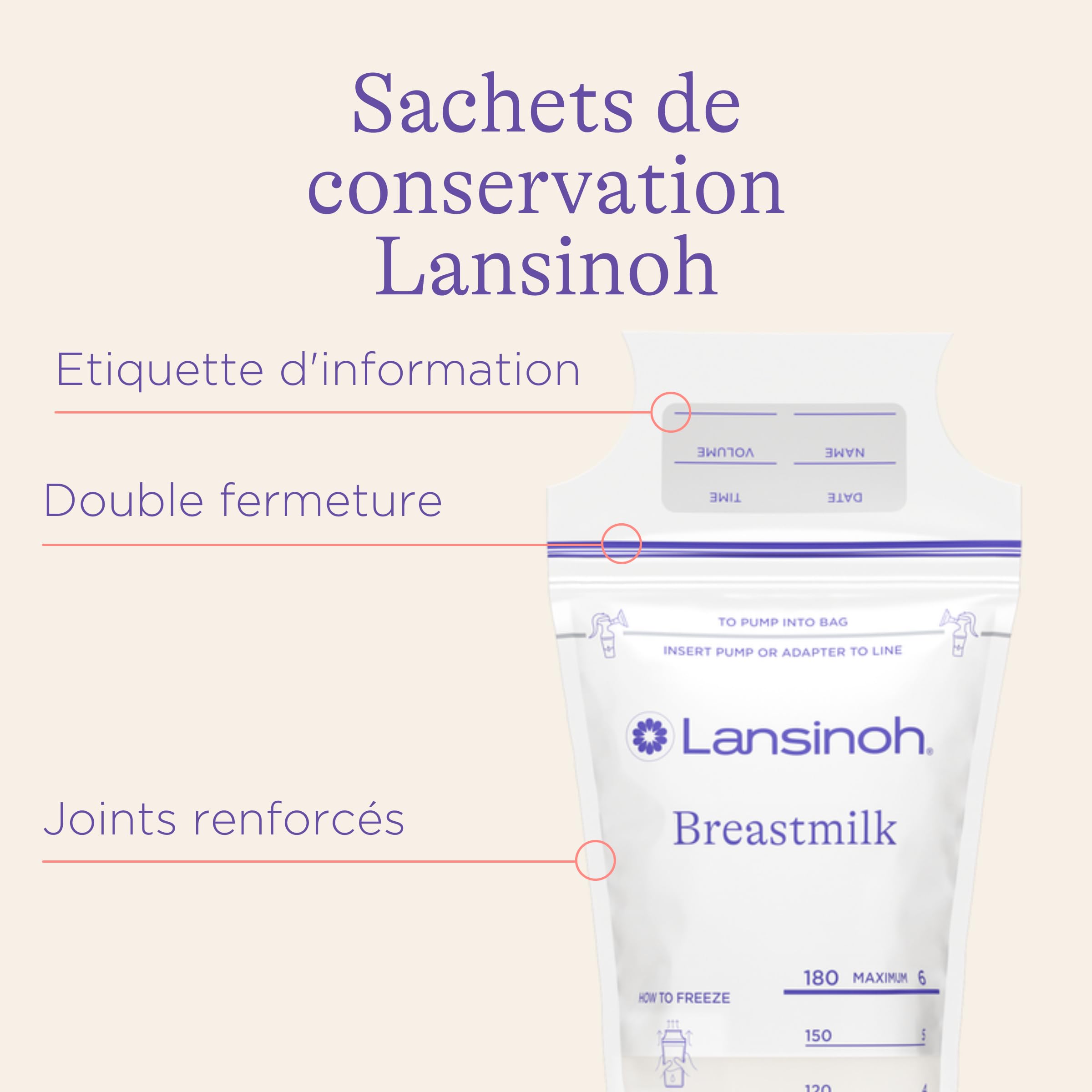 Lansinoh I Sachets Conservation Lait Maternel x50 - Pré-stérilisés - Double Zip Anti-Fuite - Congélation & Réchauffage - Sans BPA - Étiquettes & Graduation - Stockage sûr au frigo ou congélateur