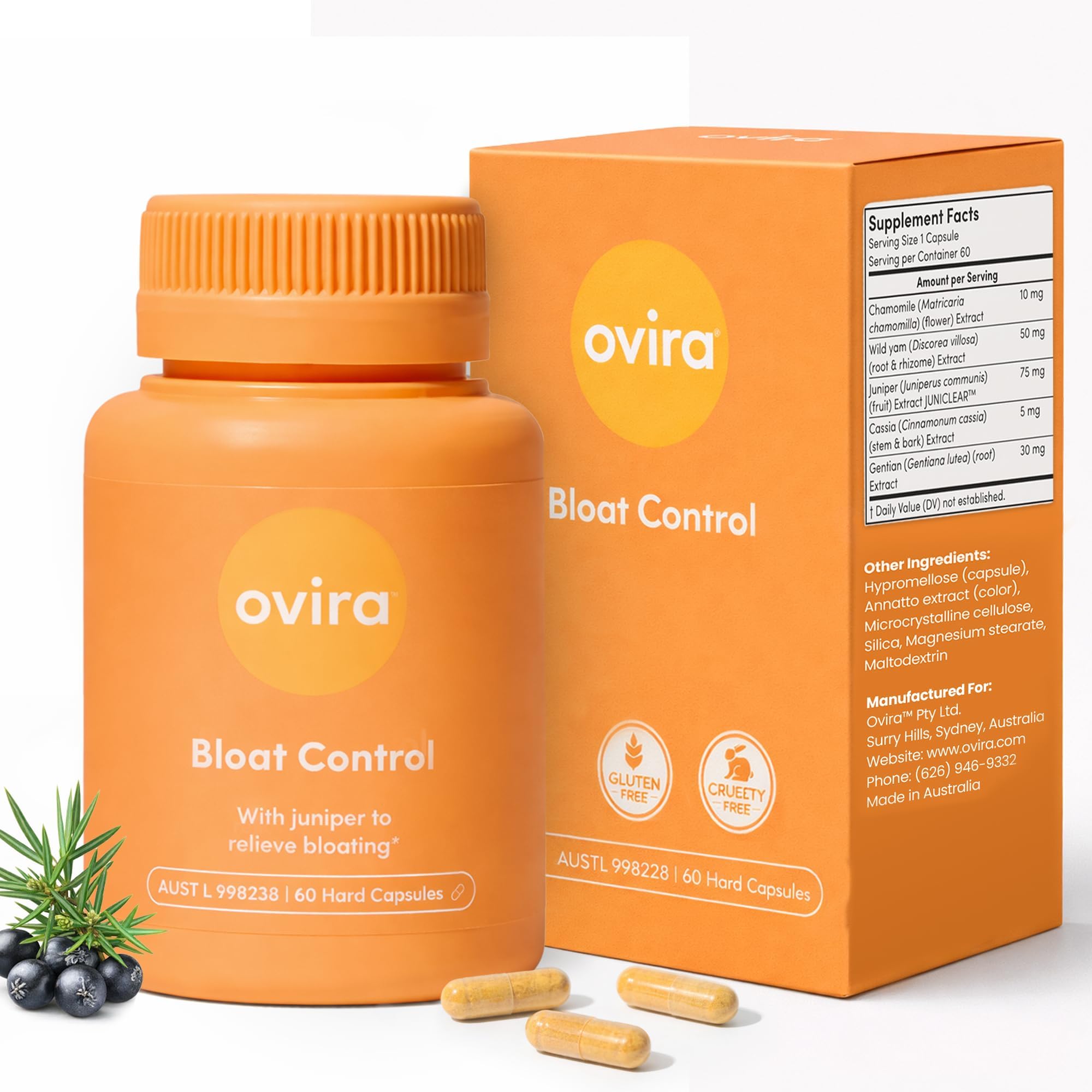 Ovira Bloat Control with JUNICLEAR – Added Juniper for Gas & Bloating Relief for Women and Men - Reduces Water Retention, Promotes Digestive Health & Gut Health - 60 Vegan Capsules, Pack of 1