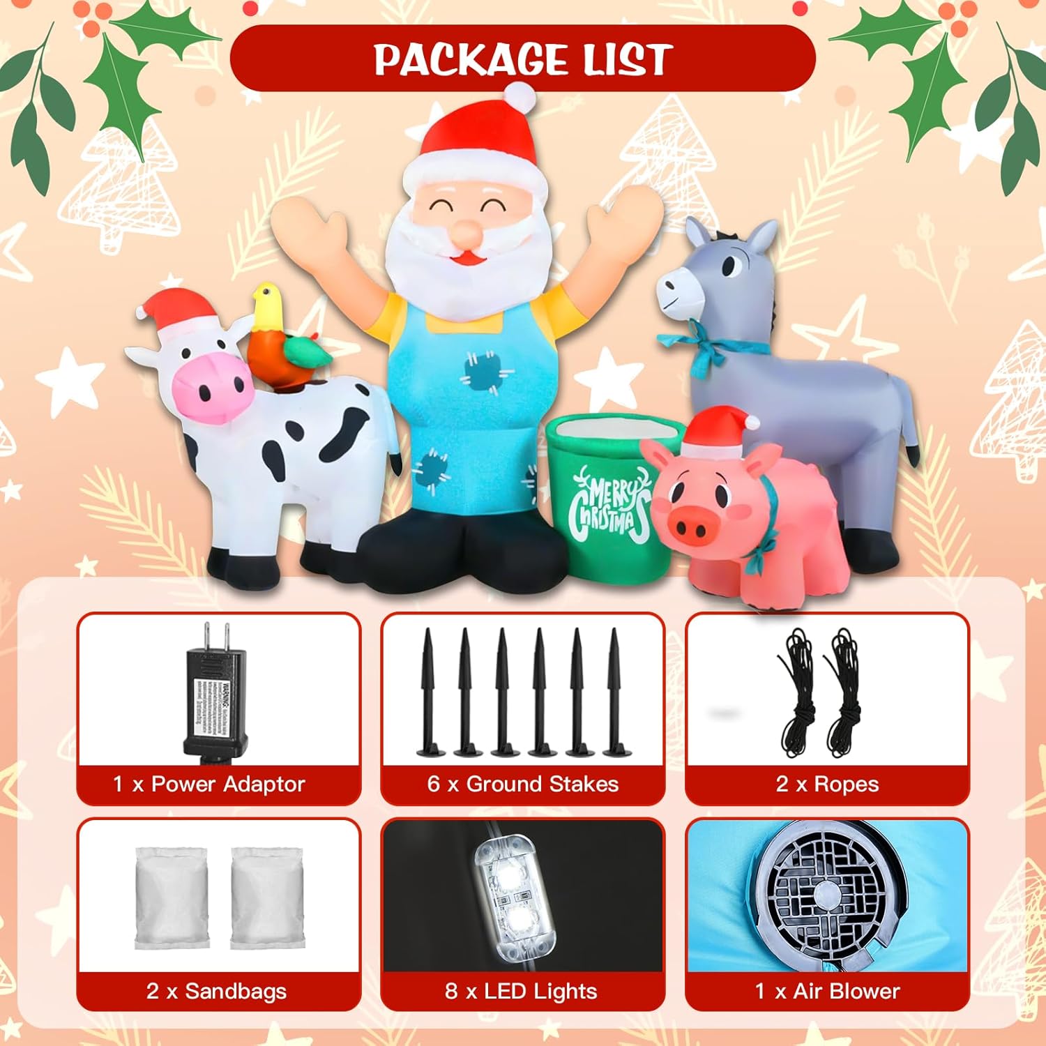 8FT Christmas Inflatables Santa Claus with Farm Animals Inflatable Blow Up Decoration Built-in LED Lights for Outdoor Indoor Holiday Garden Yard Lawn Decor