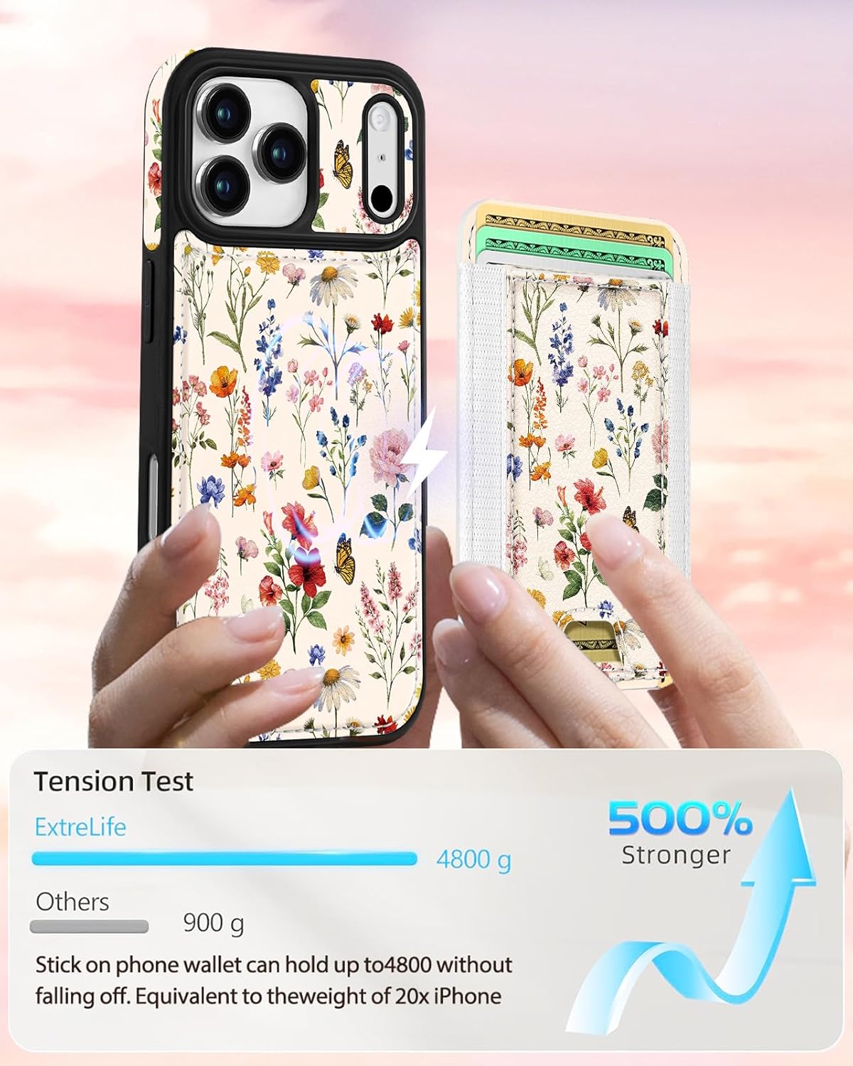 Shorogyt for iPhone 17 Pro Case Wallet - Fits 5 Cards, Compatible with Magsafe Detachable Magnetic Credit Card Holder Leather Cardholder Cute Phone Cover Women Girls for Apple 17Pro, Floral - Image 4