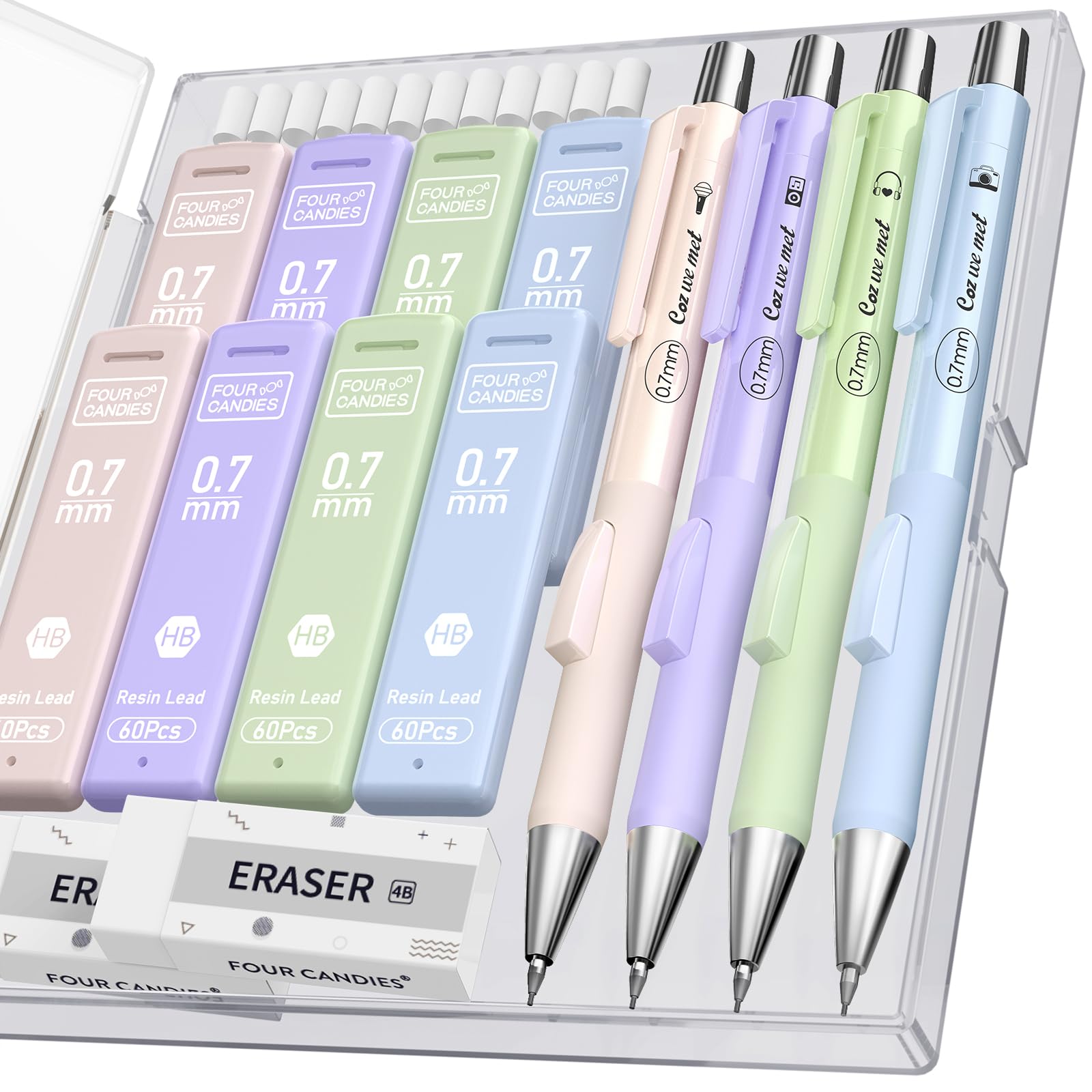 Lot De 4 Porte-mines Kawaii Roses – Style Pêche Avec Gommes – Mines 0,5 Mm Rechargeables – Idéal école, Bureau, Cadeau