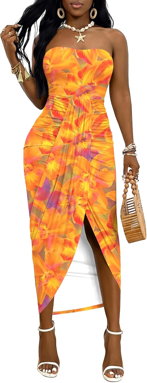 Umenlele Women's Strapless Ruched High Waist Wrap Split Asymmetrical Beach Maxi Long Dress - Image 4