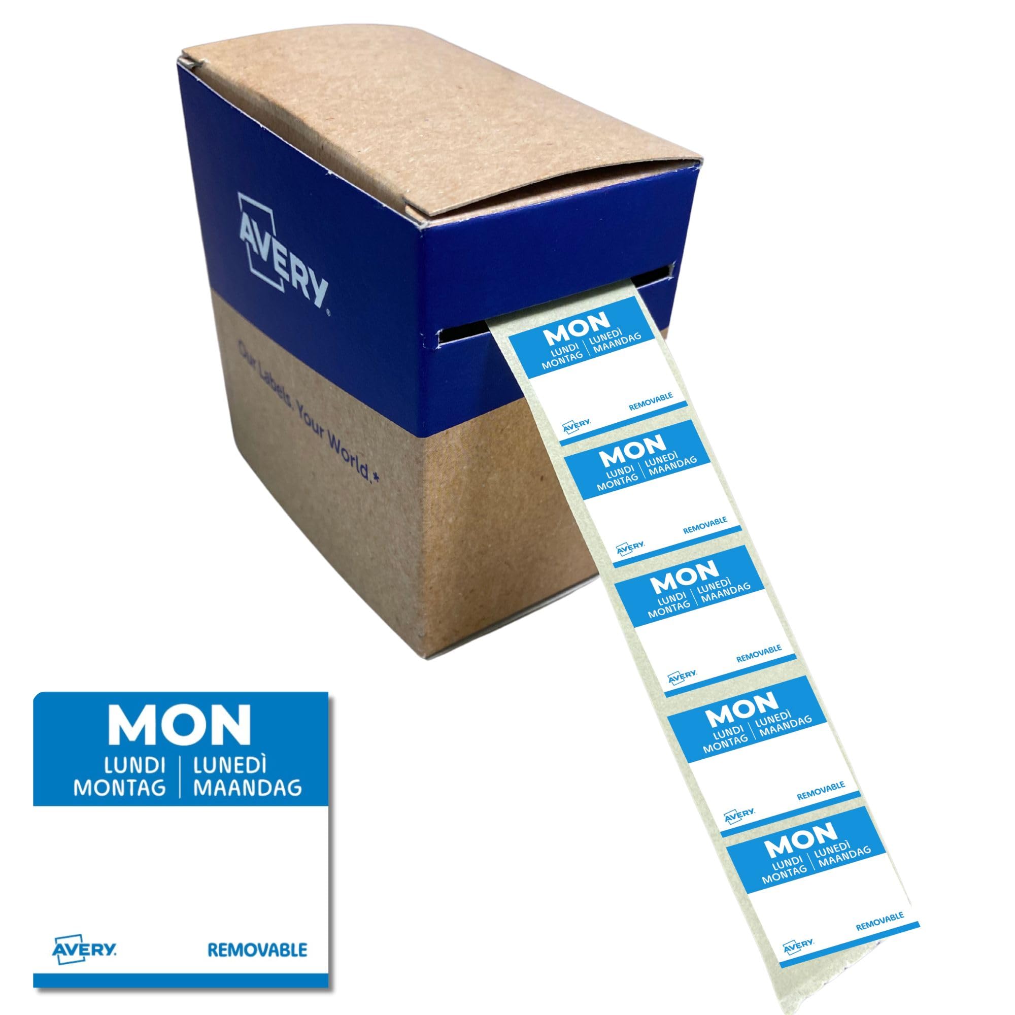 Avery Removable, Hand Writable, Food Day Labels, Monday, Strong Adhesive, 25 x 25 mm, Blue, 1000 Labels, Preprinted Design (DLSMONREV-1000)