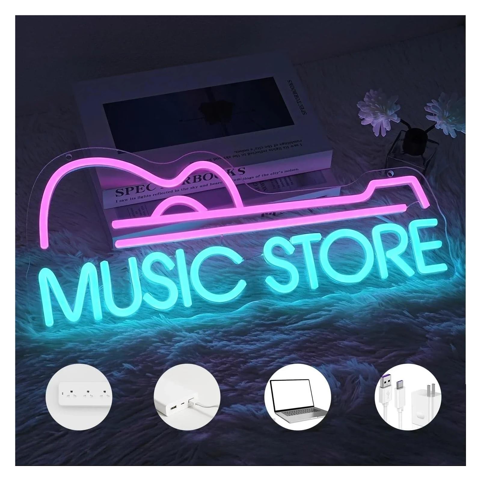 Luci al Neon Da Parete Music Store Insegna Al Neon USB Dimmerabile Per Bar Negozio Di Attrezzature Musicali Decorazioni Per Pareti In Studio Per Feste 42x18cm