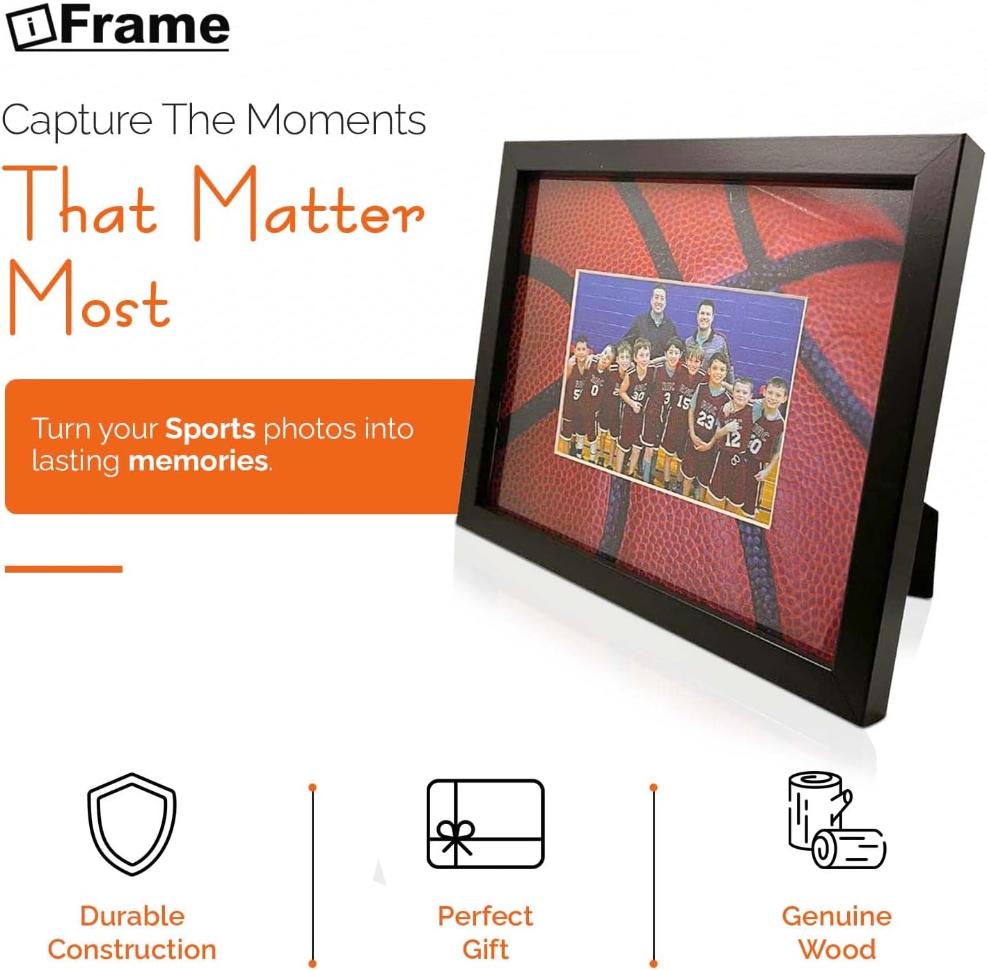 iFrame Commemorative Sports Athletics Picture Frame I Fits 5x7 Photograph I Real Wood Black Finish I Desktop, Table Or Wall Mount I Shatterproof Plexiglass I Made In USA I Basketball