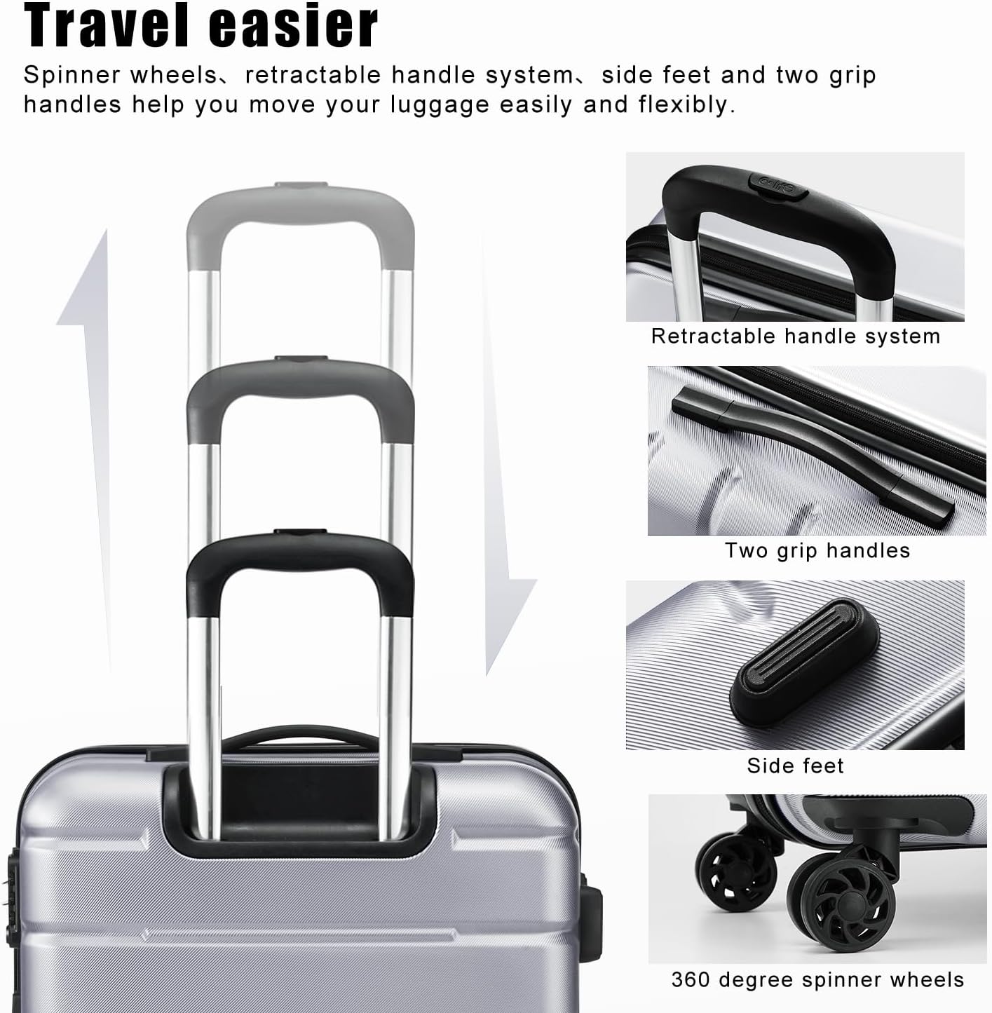 Coolife Luggage Suitcase Carry-on Spinner TSA Lock USB Port Expandable (only 28’’) Lightweight Hardside Luggage (Silver, S(20in_carry on)) - Image 4