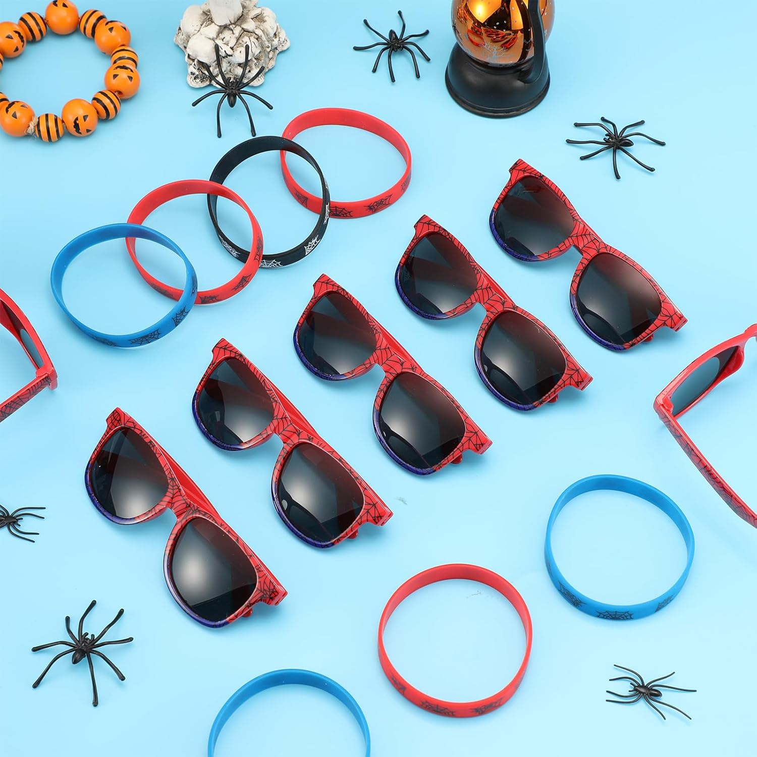 Kingdder 24 Pcs Spider Web Sunglasses and Silicone Wristbands Bracelets Spider Birthday Theme Party Favors Black Red Blue Party Decorations Supplies Gifts(Classic)