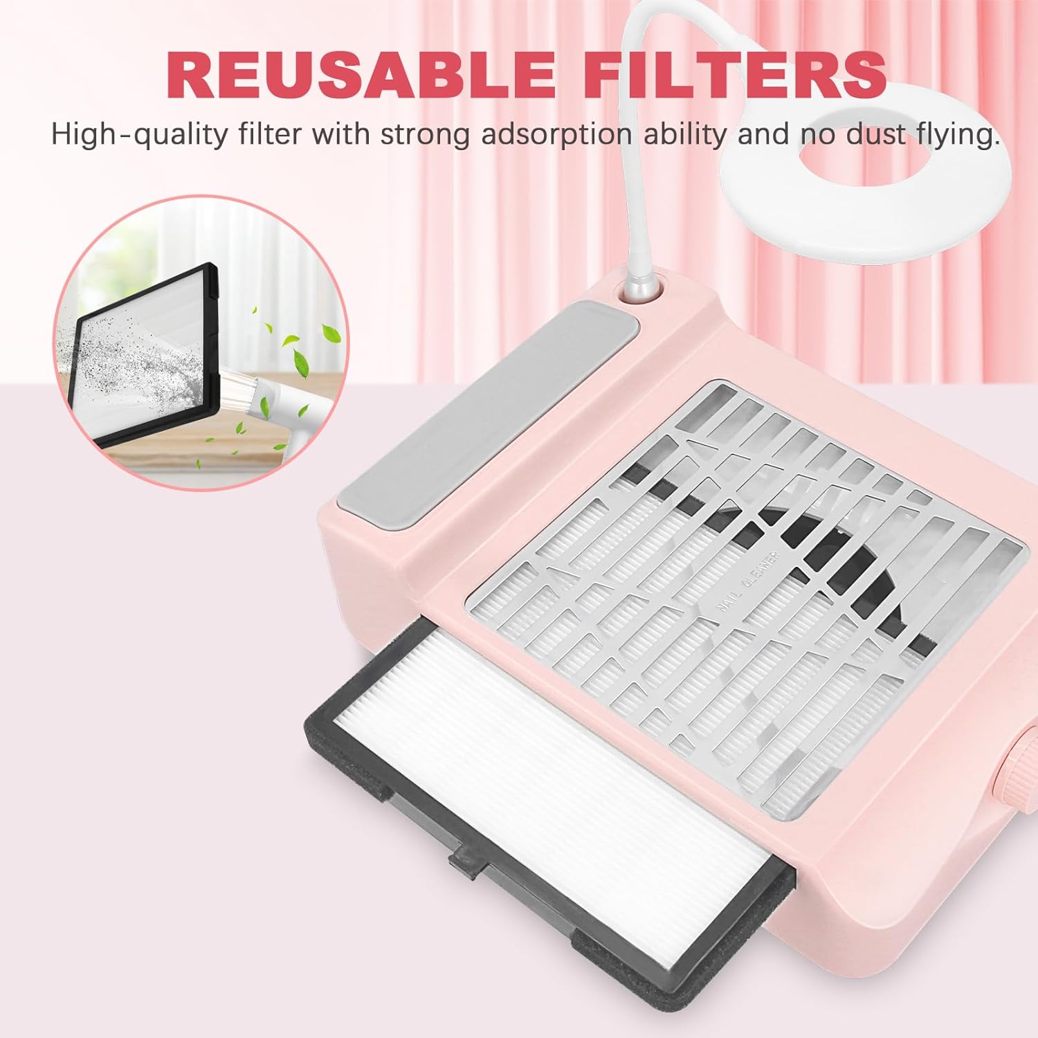 AONOLOVO Nail Dust Collector, Adjustable Suction, Professional Nail Fan Dust Collector with Light Manicure Dust Collector Nail Tech Vacuum Cleaner Machine for Acrylic Nails Removal, Pink