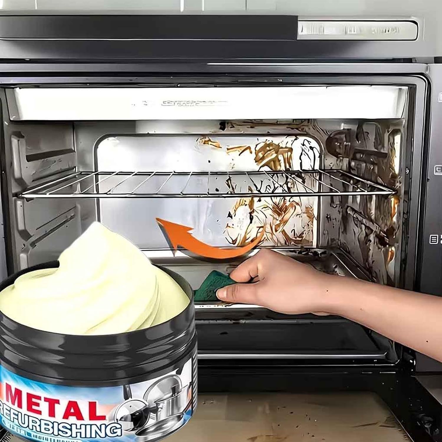 Metal Polishing Cream, Stainless Steel Restorer, 4x2 Inches Cleaning Paste with Sponge, Active Mineral Scouring Agent, Buffing Balm with Glossy Finish, Sink Cleaner for Restaurant