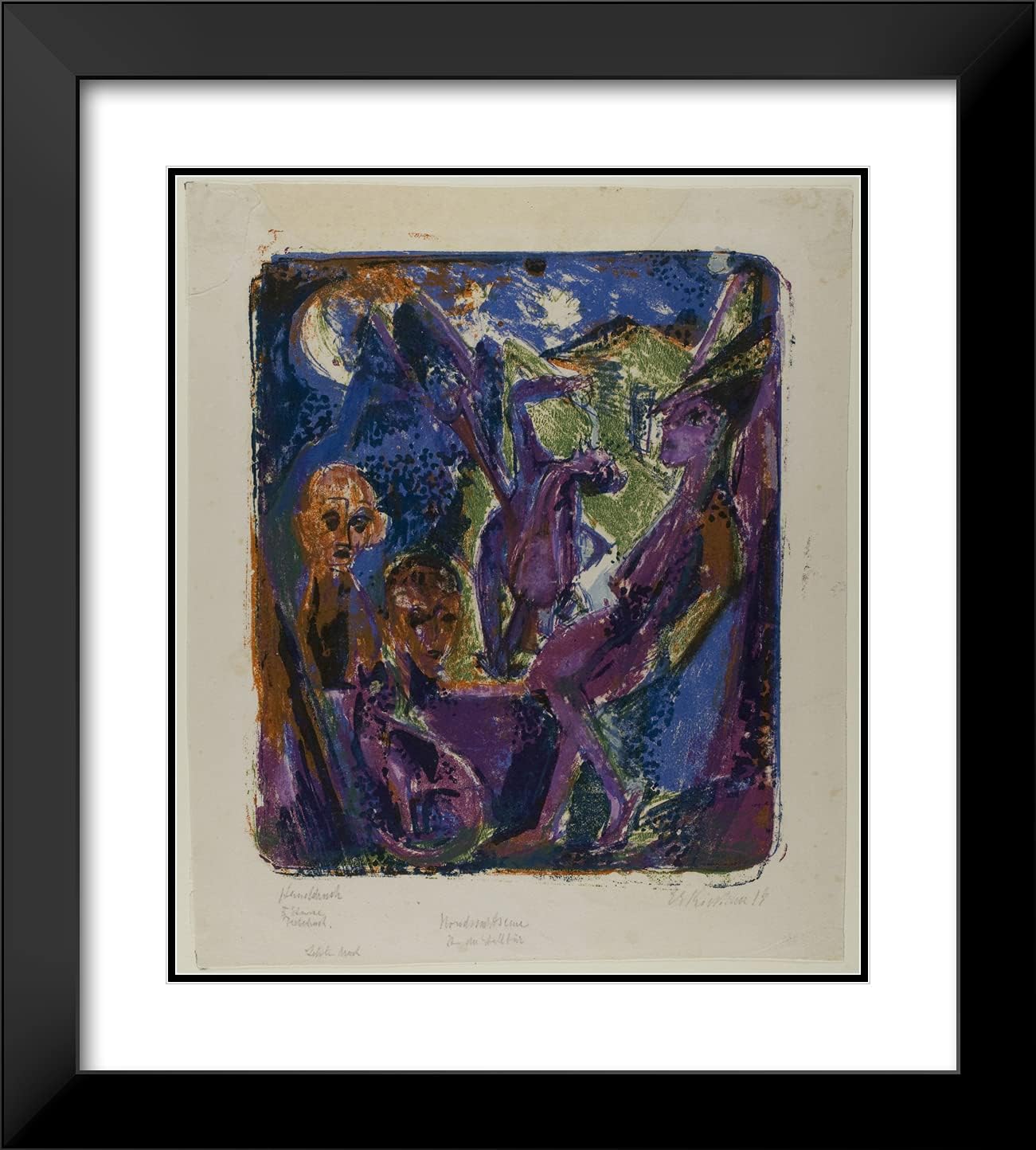 ArtDirect Ernst Ludwig Kirchner 20x22 Black Modern Framed and Double Matted Art Print Titled Moonlit Night at The Stable Door