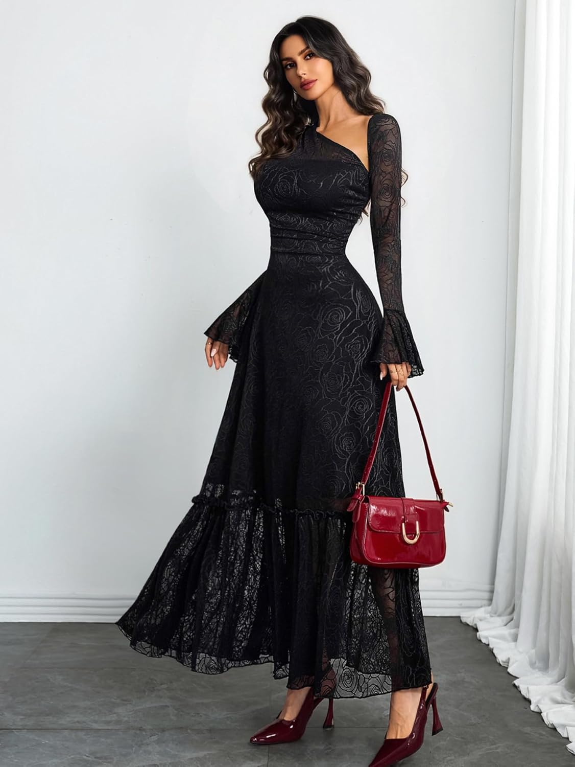 GothDark Women's Maxi Floral Dress A Line One Shoulder Lace Sheer Long Sleeve Ruffle Hem Formal Party Date Night Dress - Image 3