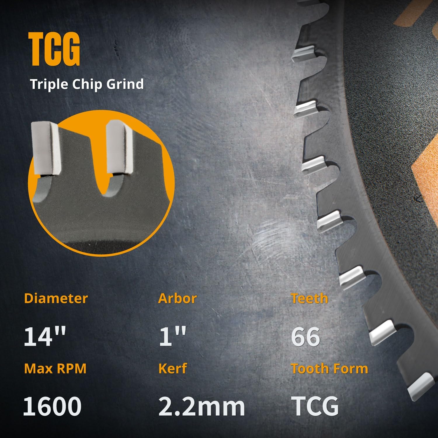 POWERTEC 14 Inch Cold Saw Blade, Metal Cutting Blade,1" Arbor Metal Saw Blades, Better Finish Than Chop Saw, 66T TCG Cemented Carbide Teeth - Cuts Aluminum, Steel, Iron - 1600 Max RPM - 14014