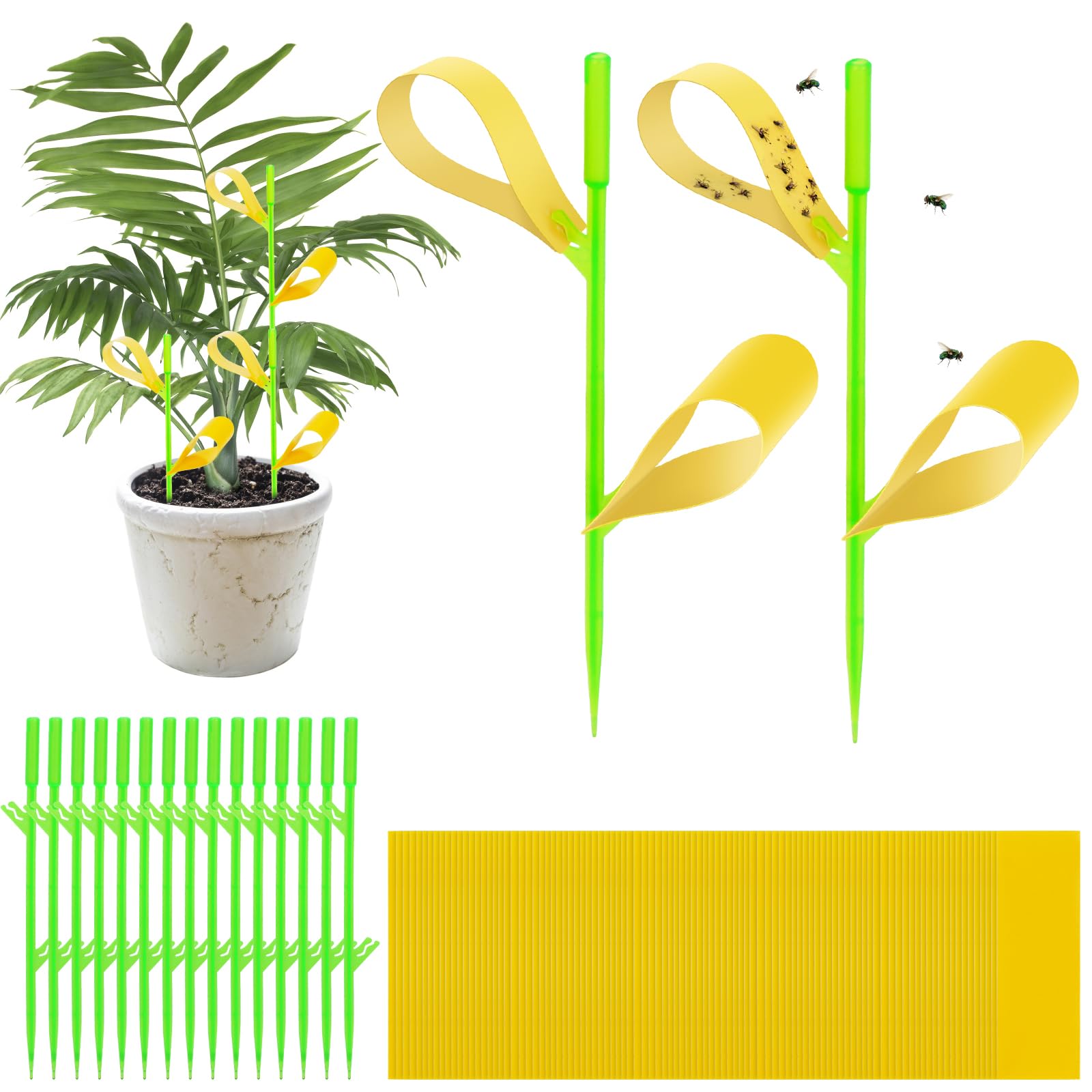Trampas adhesivas para plantas, 100 trampas adhesivas amarillas para mosquitos de plantas en interiores y exteriores, mata mosquitos de moscas blancas, 15 soportes para estacas incluidos