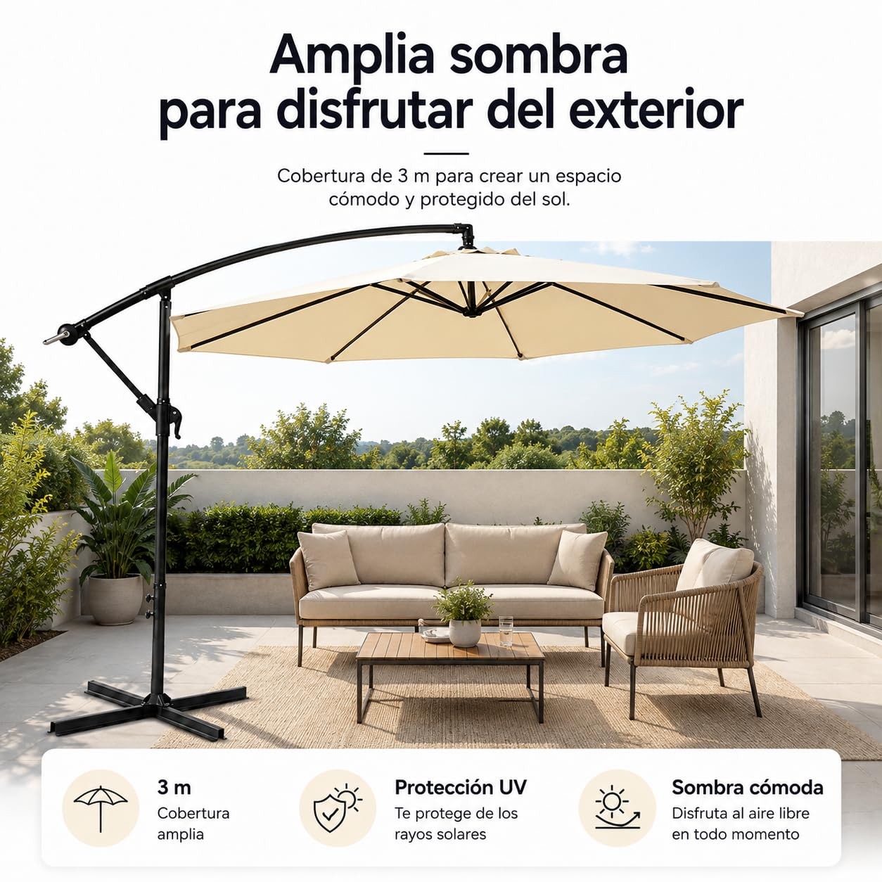 Sombrilla Terraza Exterior 3 m Lateral Inclinable 360° – Parasol Excéntrico de Jardín con Manivela, Mástil Lateral, Protección UV, Tejido Impermeable, Beige (sin base)