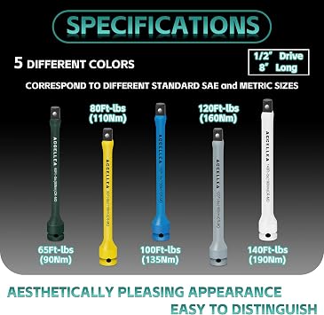 5Pcs Torque Limiting Extension Set 1/2 Drive 65-140 Ft-Lbs Torque Sticks