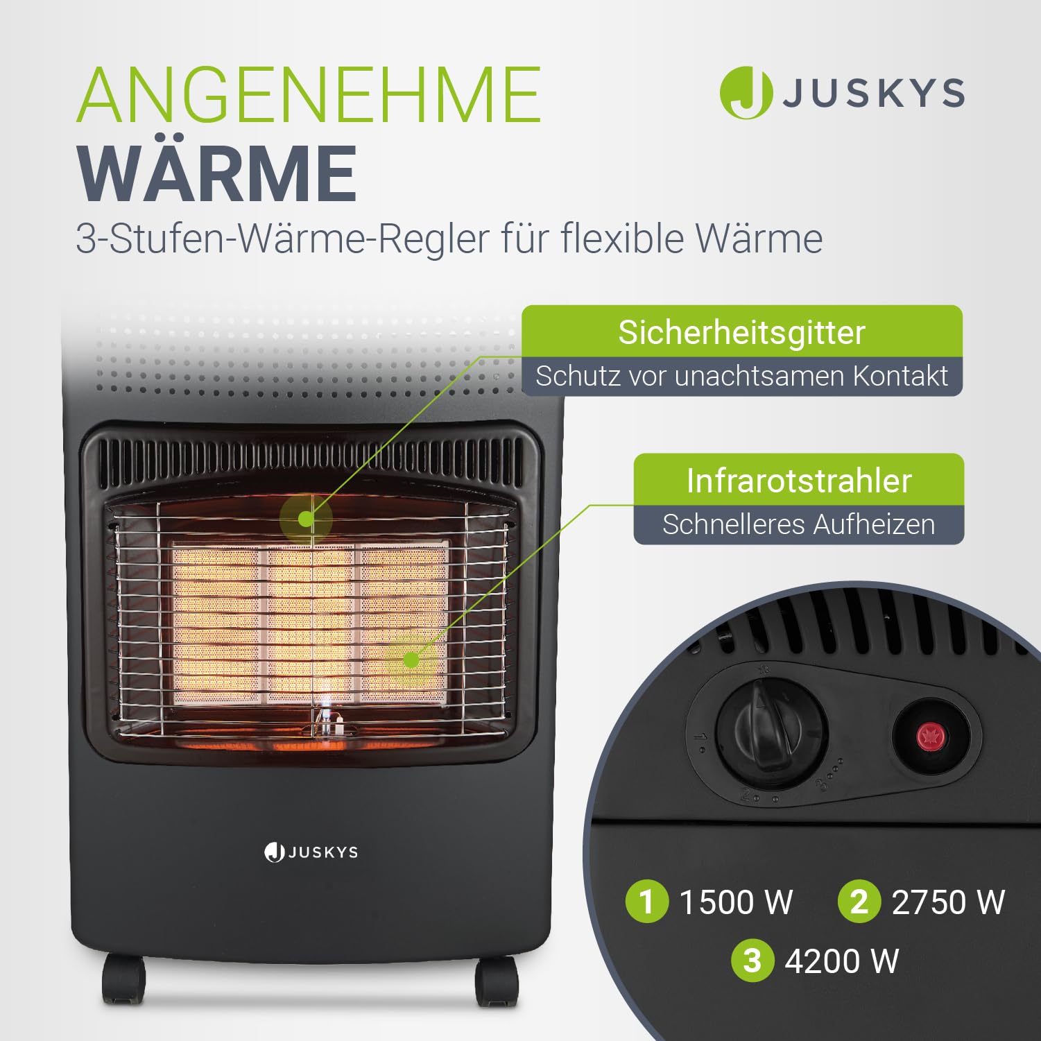 Juskys® Keramik Gasheizung GS42US in Schwarz - 4200 W mit Druckregler & Schlauch - Mobil, effizient & energiesparend - Gasheizer Gasheizofen Gasheizgerät