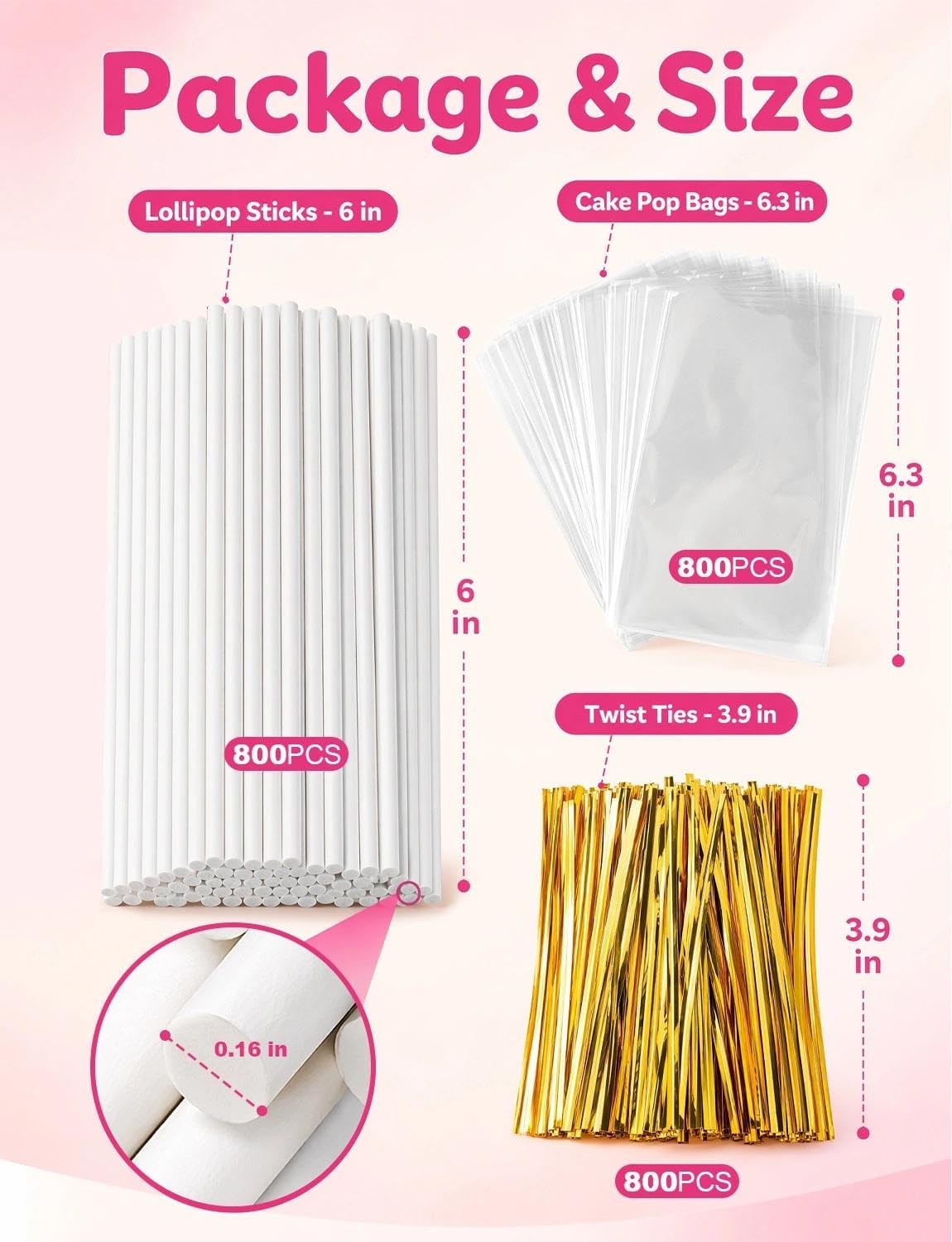 300Pcs Lollipop Sticks and Wrappers Kit, 100Pcs 6IN Cake Pop Stick, 100pcs Clear Candy Treat Bags Parcel, 100pcs Gold Twist Ties for Lollipops, Candies, Chocolates Cookies