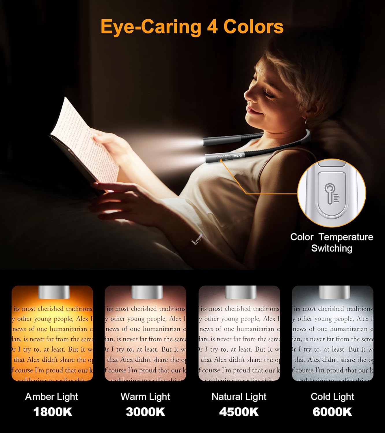 Image showing a person wearing the neck light and reading a book, with different color temperature options displayed.