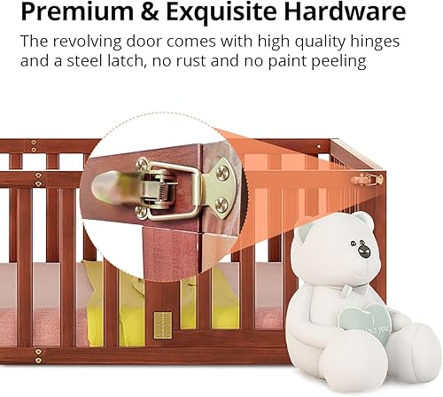 Miniatura 4 de i-POOK Cama de suelo de tamaño matrimonial para niños marco de cama Montessori de madera resistente con valla y puerta cama de suelo Montessori para