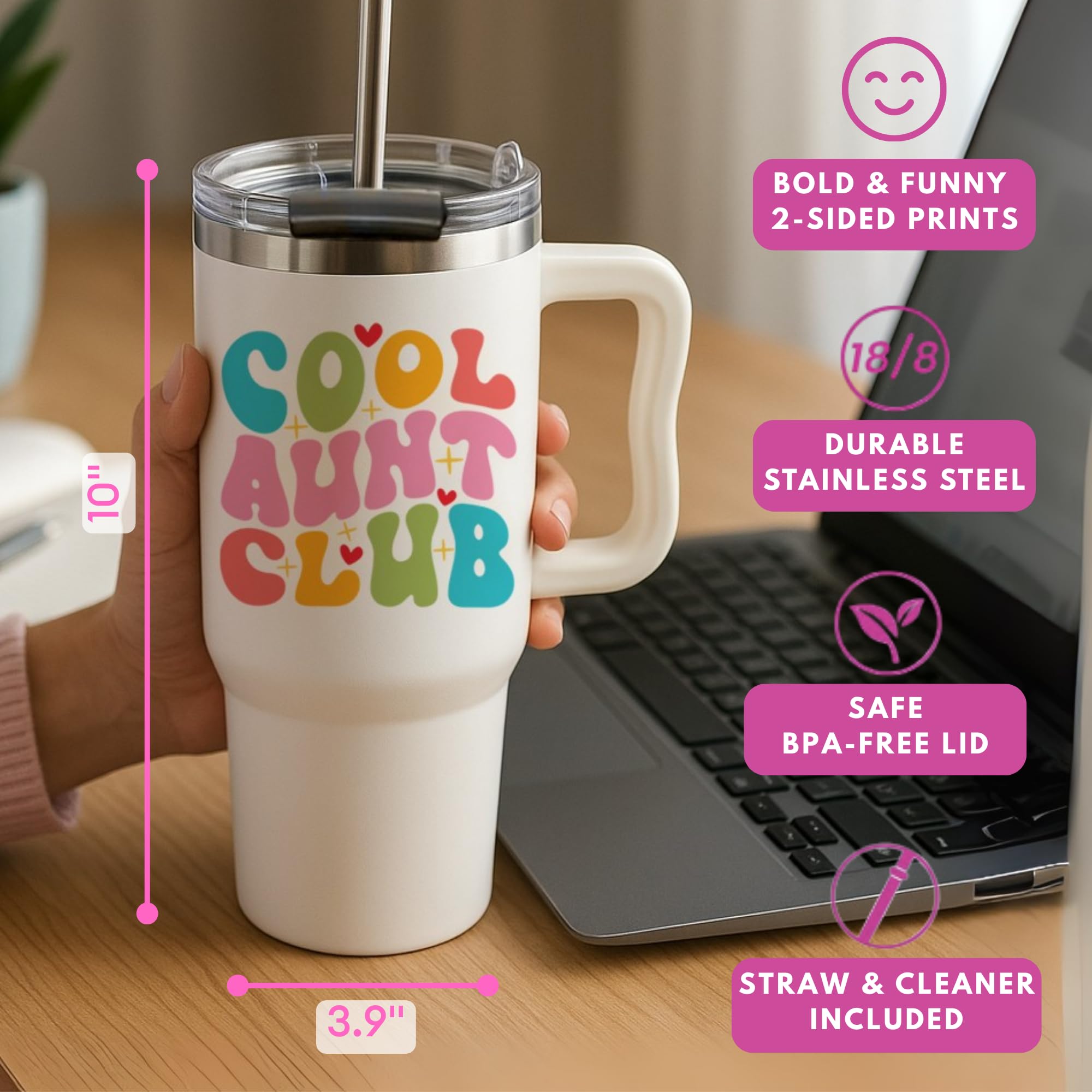 Mothers Day Gifts for Aunt - Cool Aunt Club Coffee Tumbler 40Oz, Best Auntie Gifts from Niece Nephew for Birthday, Presents for First Time & Best Auntie Ever, New Aunty Cup with Handle Straw