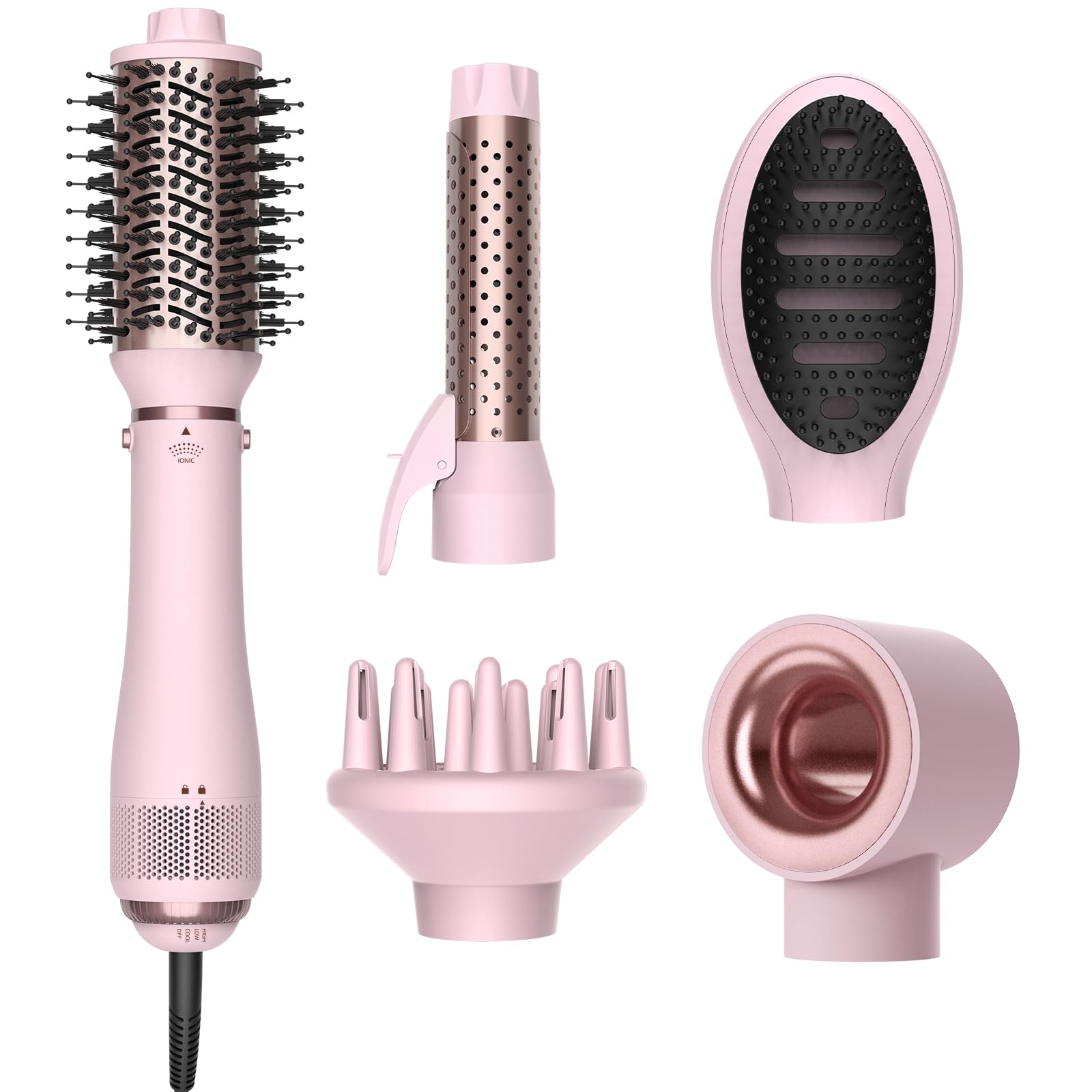 Hair Blow Dryer Brush 5-in-1, Blowout Brush, Multi Hair Styler Negative Ion Detachable Hair Dryer with Diffuser, Hot Air Brush for Wavy, Volumizing, Straightening