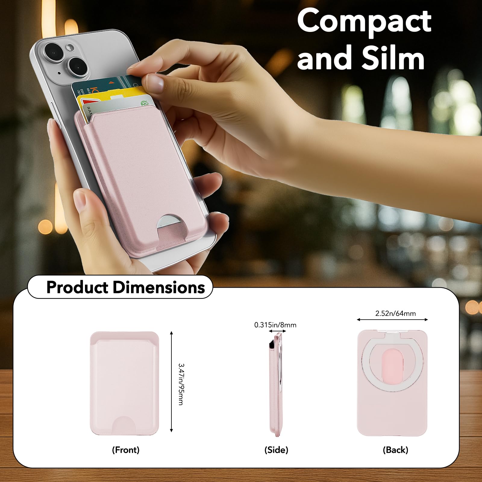Portafoglio MagSafe, porta carte sottile con blocco RFID, portafoglio magnetico per telefono con supporto regolabile, per iPhone 17/16/15/14/13/12/Pro/Pro Max Serie Rosa