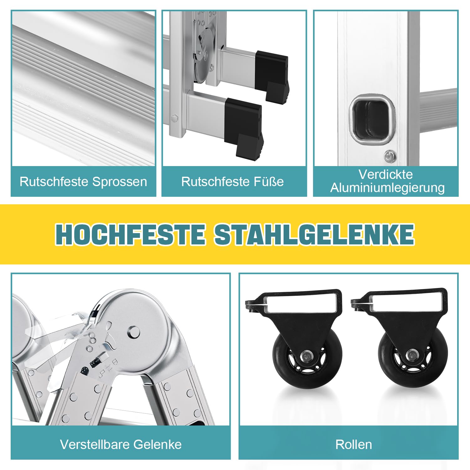 3.6M Aluminium Mehrzweckleiter 4x3 Stufen,Multifunktionsleiter mit plattform, Alu Leiter mit 2 Gerüstplatten, Klappleiter 16 Stufen, Trittleiter bis 150 kg, Haushaltsleiter Silber