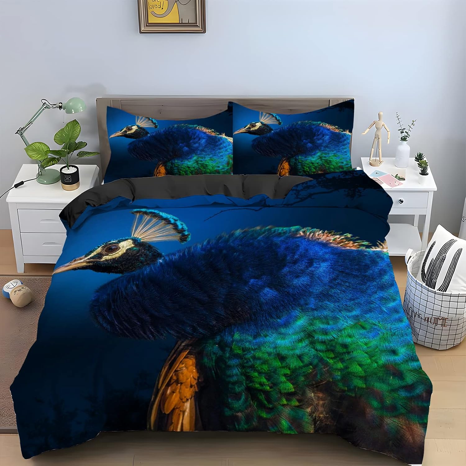 HRBK Blue Animals Cal King Duvet Cover Peacock Pattern Bedding Set Super Soft