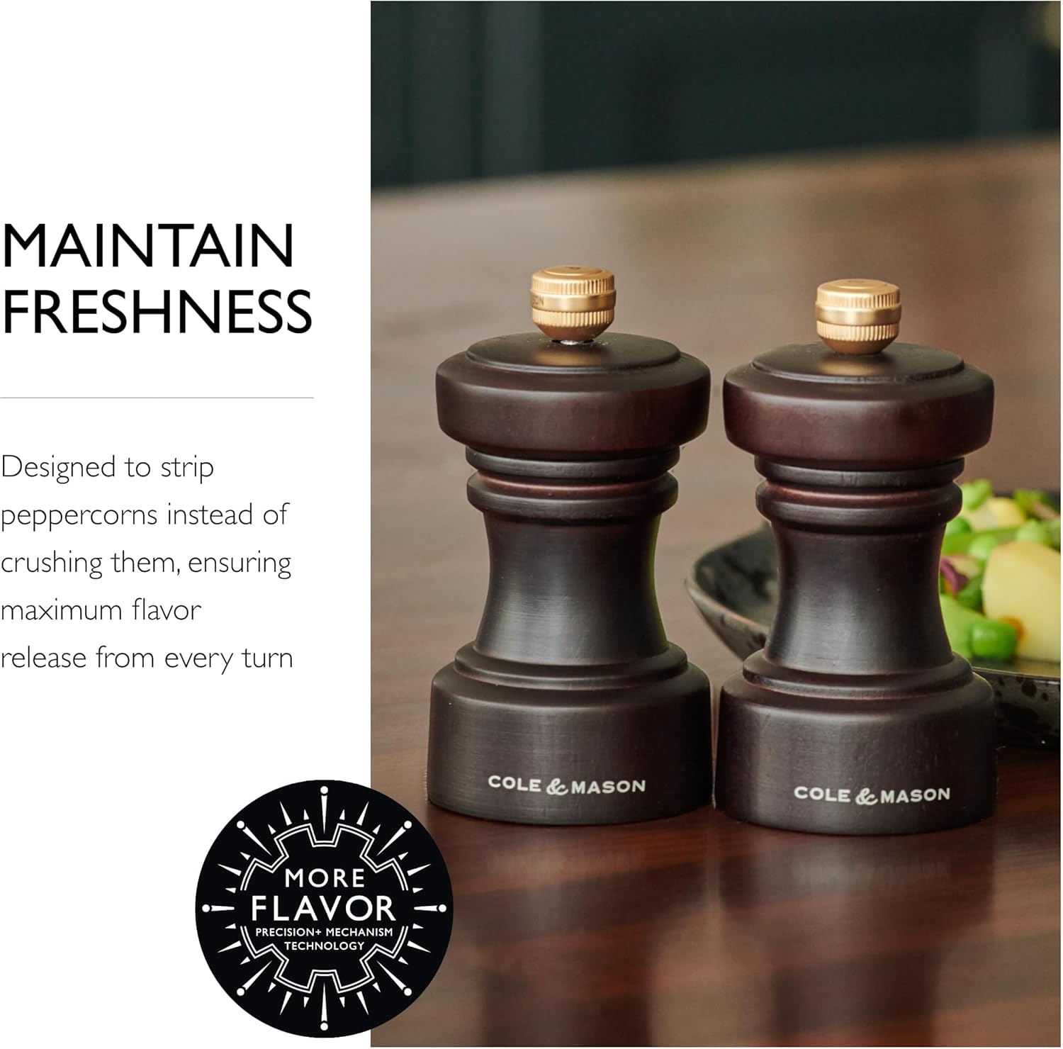 Cole & Mason Hoxton Mill - Table Black Pepper Grinder - Refillable Peppercorn Grinder - Kitchen & Home Accessory - Pepper Mill with Carbon Steel Mechanism - 4'', Chocolate Wood