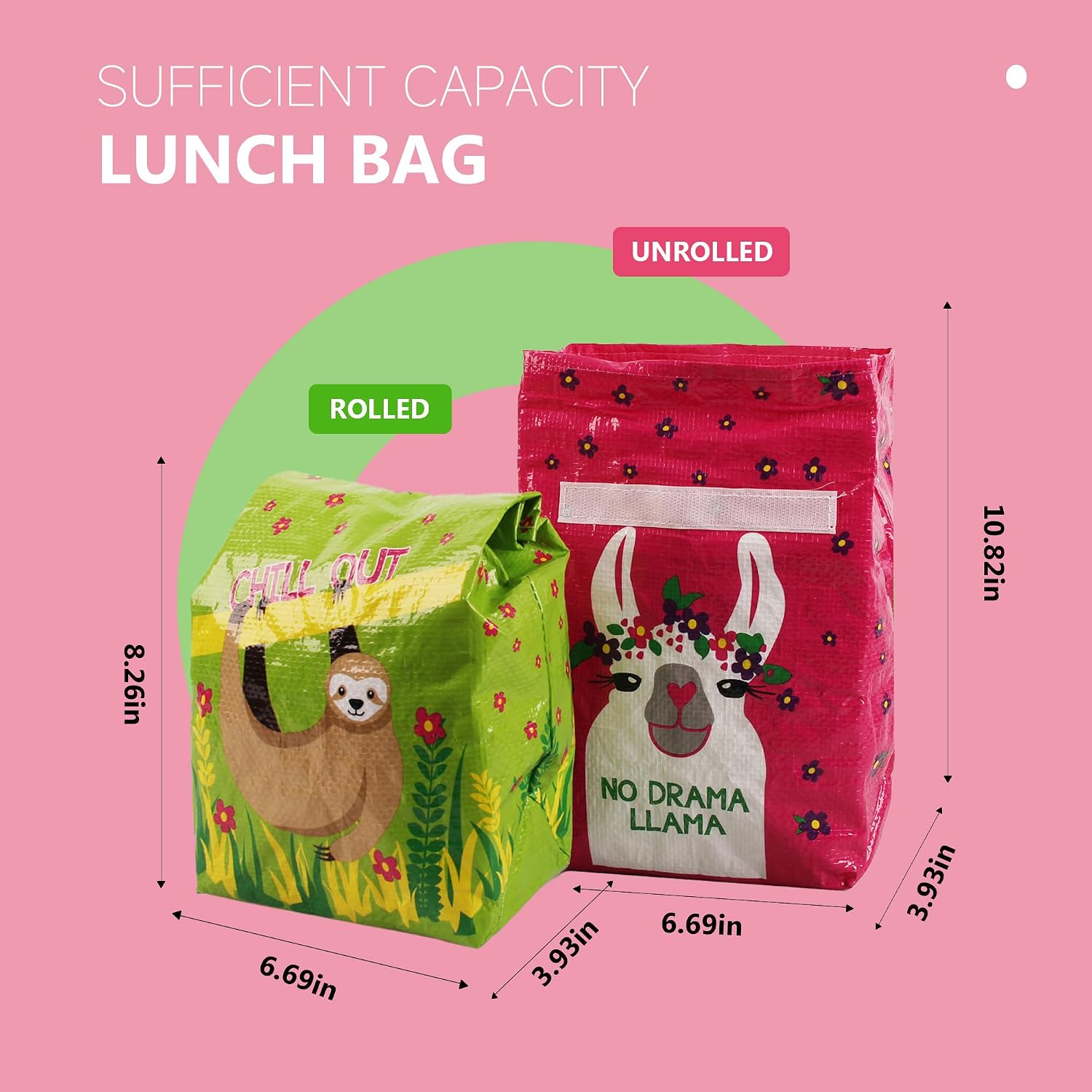 16oz Reusable Lunch Bag,Insulated Lunch Box for Women&Men,Paper Bag Large Sandwich Tote for Office Work Picnic Travel Snacks,Green+Pink