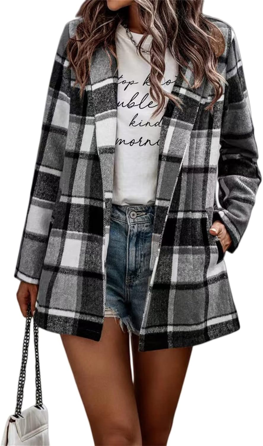 lapel side pockets woolen plaid long coat