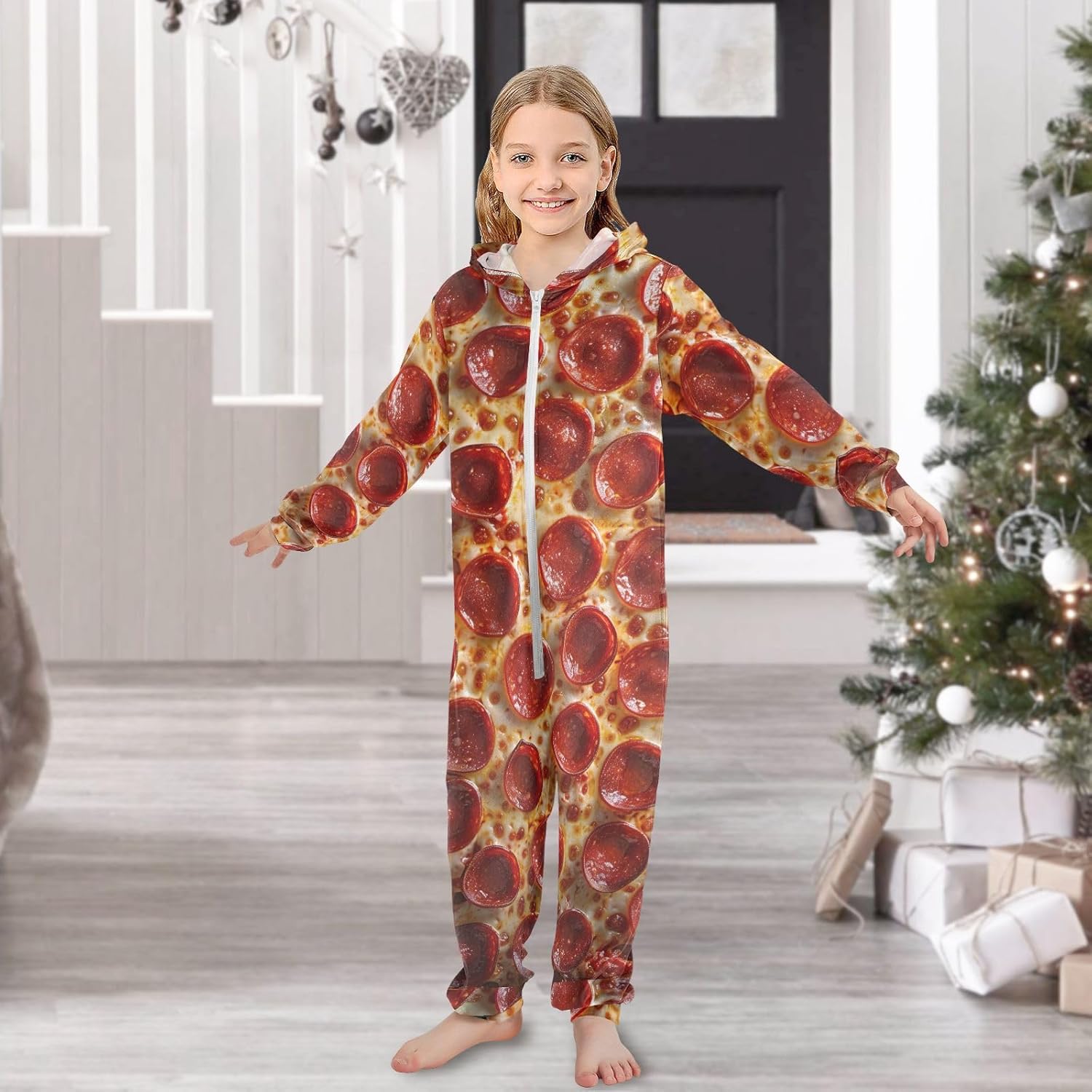 ODAWA Pizza Pepperoni Unisex Onesie Kids Halloween Costume Christmas Cosplay Comfy Hoodie One Piece Jumpsuits for Children Girls Boys, 13-14 Years