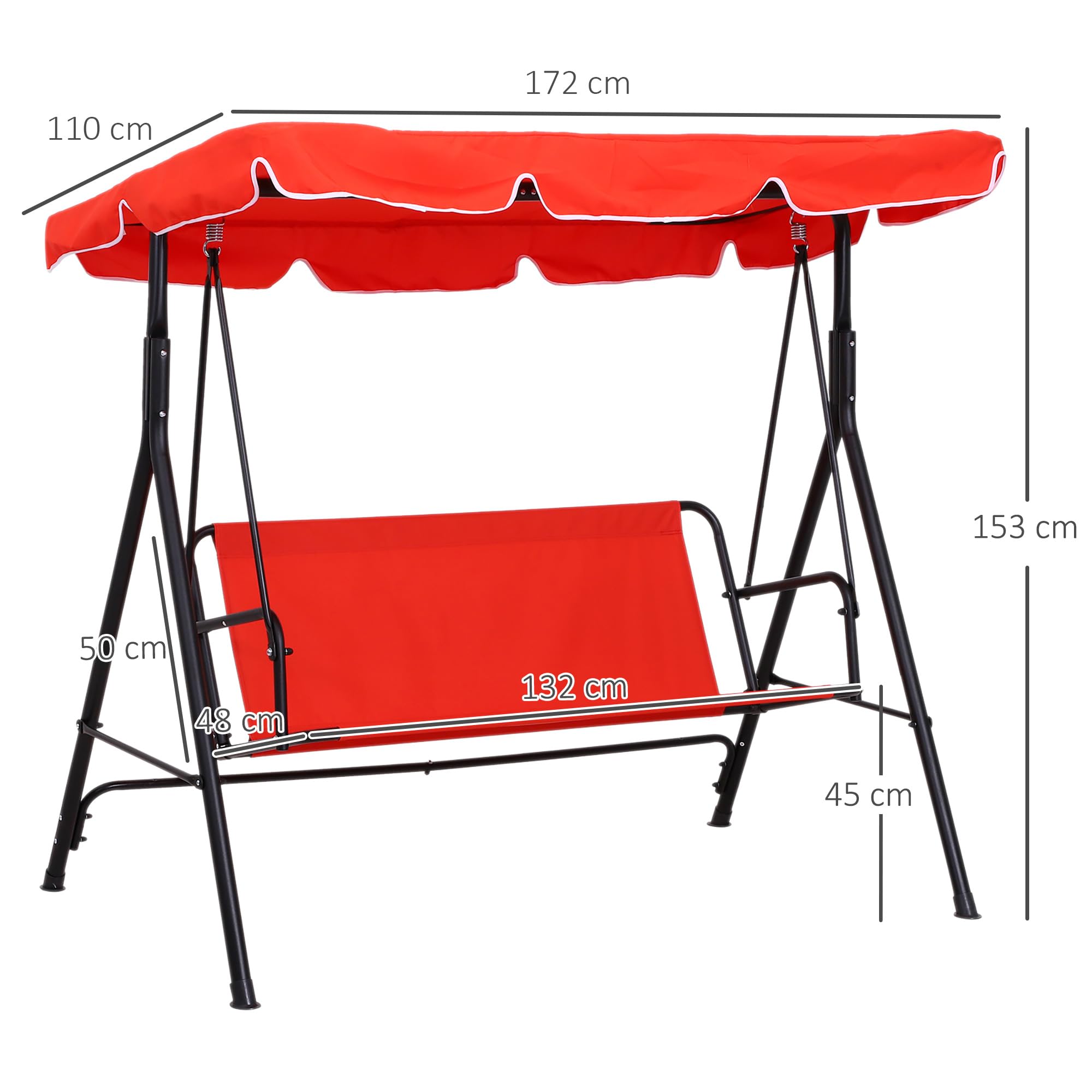 Outsunny - Balancín de jardín (3 plazas, inclinación, ajustable, cojines de asiento y respaldo, 1,72 x 1,1 x 1,52 cm, acero negro, poliéster, color rojo