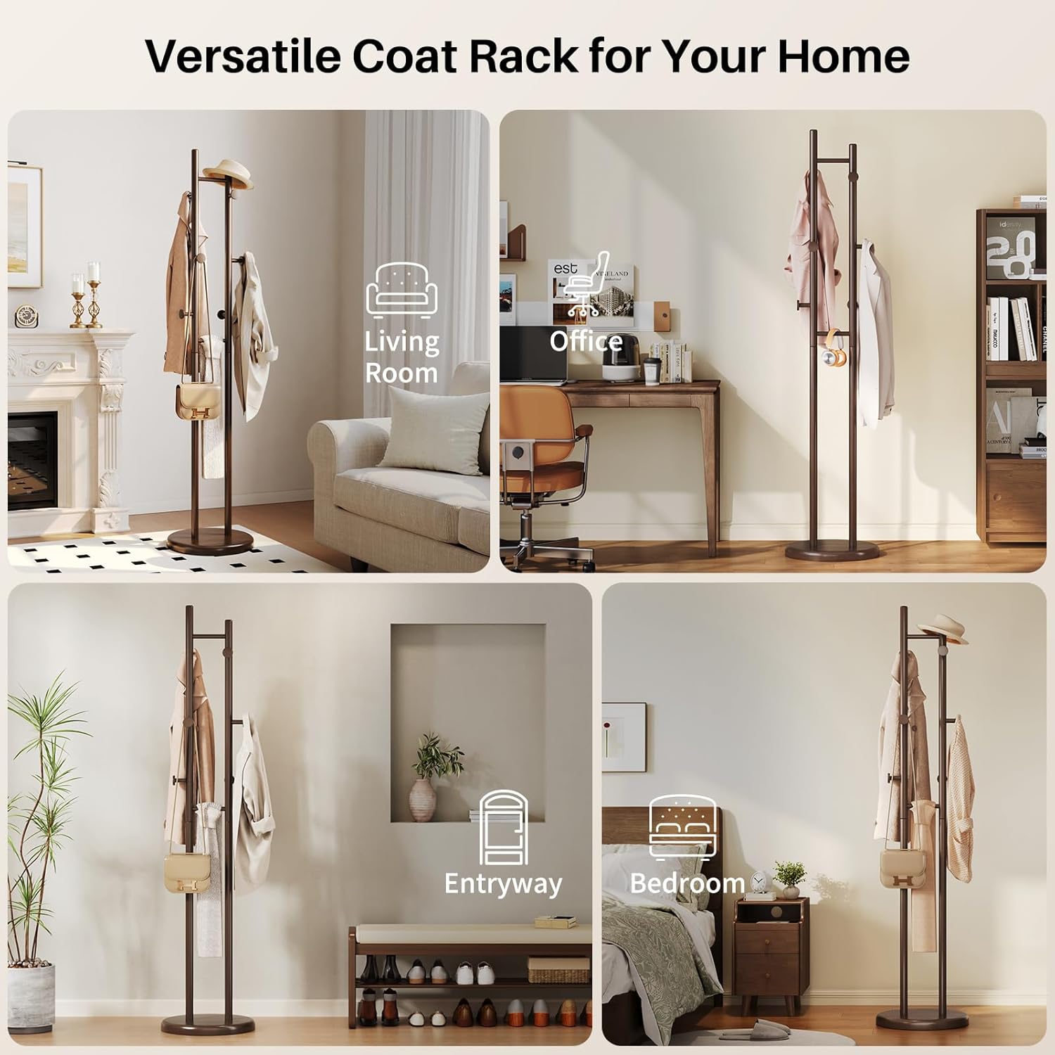 Solid Wood Coat Rack Freestanding - Wooden Coat Tree Rack Heavy Duty with 6 Hooks, Sturdy Round Base, Load 110LB, Coats Hanger Stand for Office, Bedroom, Entryway, Living Room (Dark Walnut)