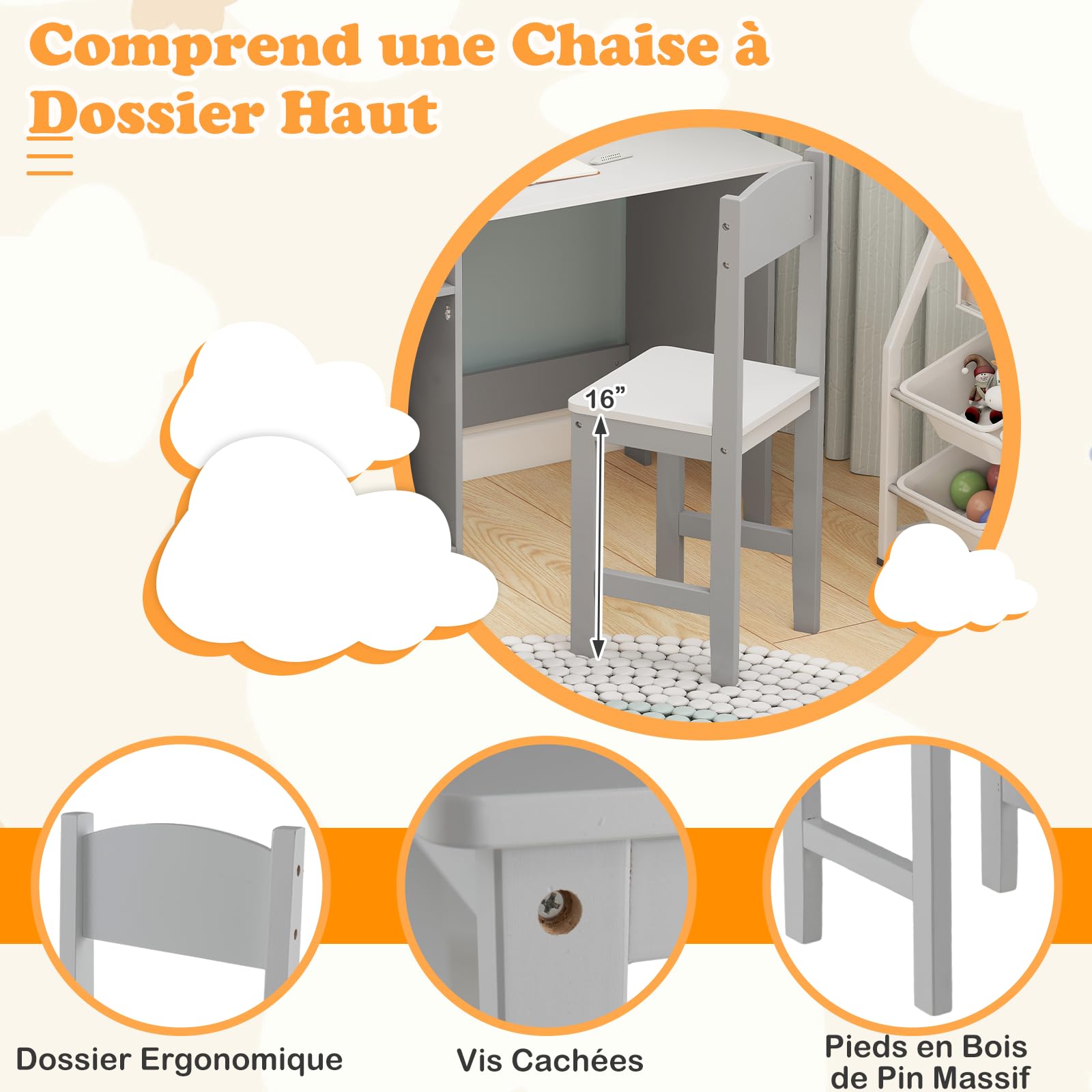 COSTWAY Bureau Enfant Garçon Fille avec Chaise Bibliothèque Tableau d'Affichage, Table Enfant Bois Étagère Armoire Rangement, Charge 50/90kg 3 Ans+ Gris