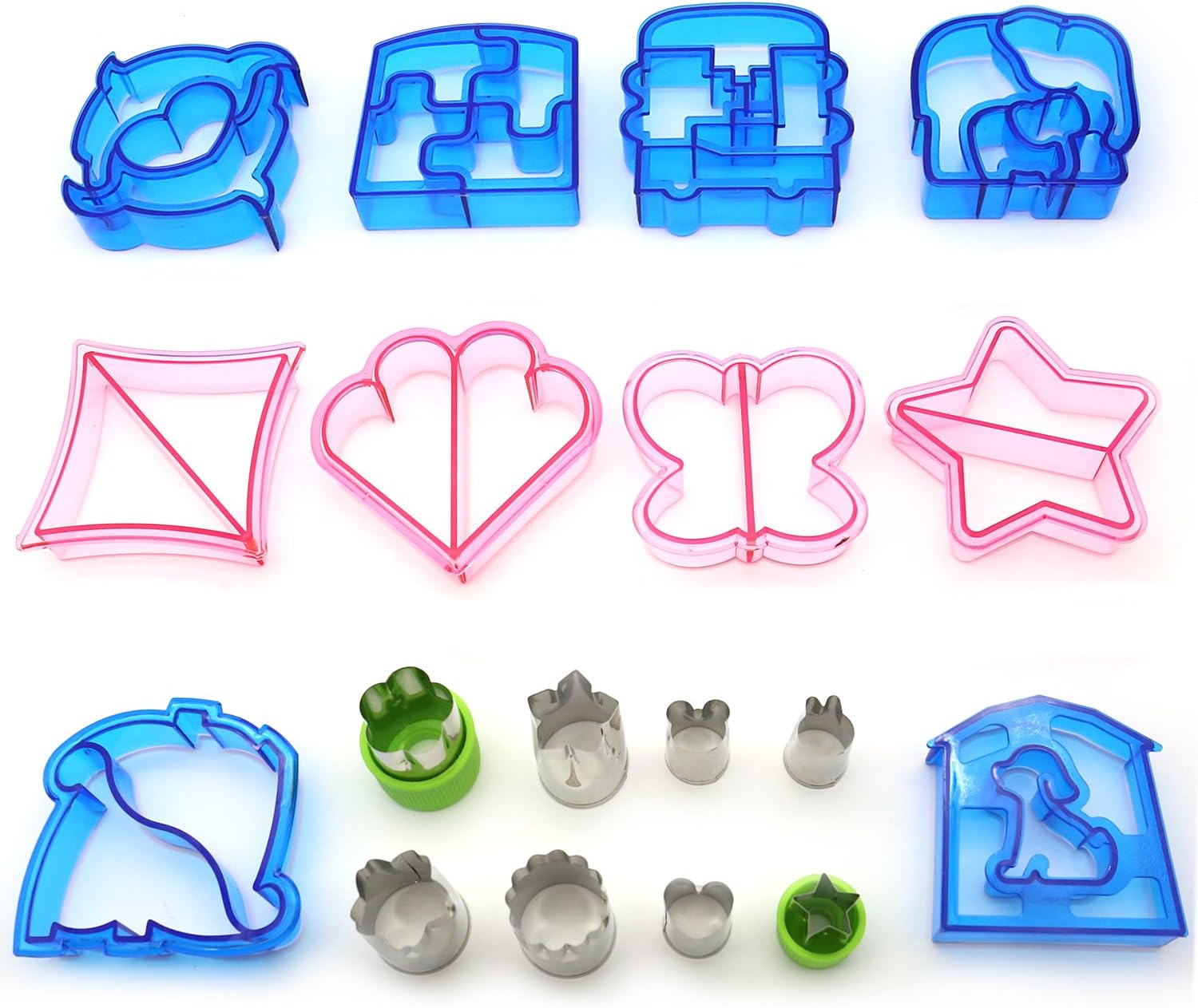 LADUO 18 pcs Creative Plastic Bread Sandwich Cutter Shapes Set & 18/8 Stainless Steel Vegetable&Fruit Cheese Cookie Cutters Shapes Set for Kids Tasteless