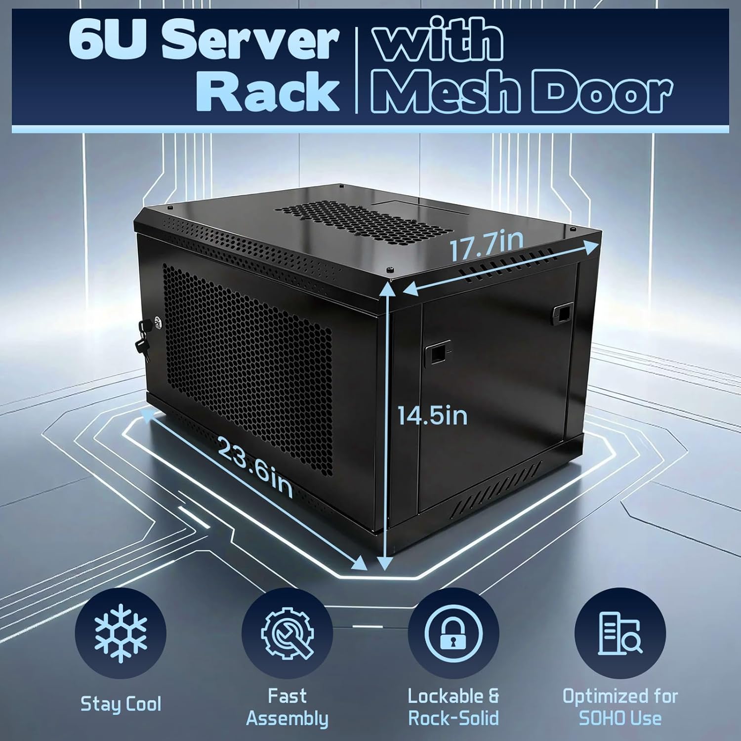 6U Wall Mount Server Cabinet - Heavy Duty Network Rack Enclosure with Cooling Fan, Locking Vented Door & Removable Side Panels, 17.7 Inch Deep, for IT/AV Equipment