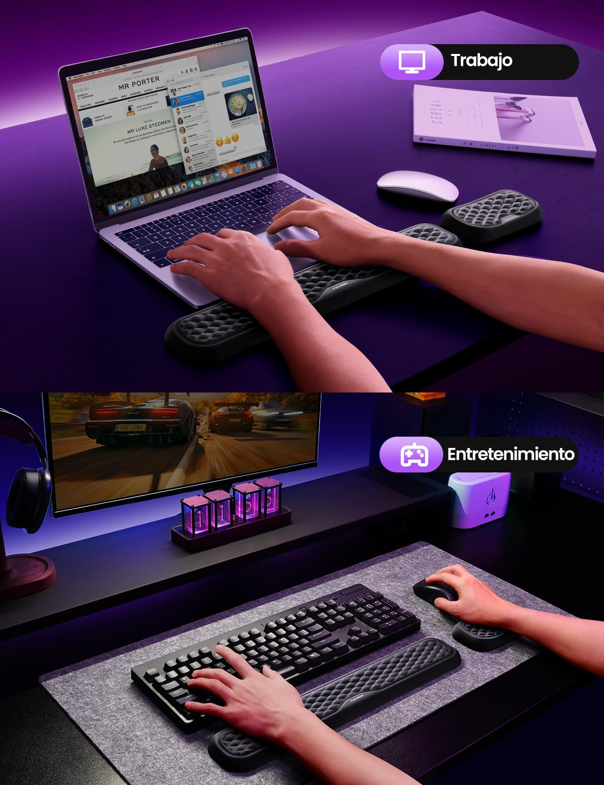 Vaydeer Juego de Reposamuñecas Ergonomicas de Espuma Viscoelástica para Teclado y Mouse, para Oficina, Gaming - Negro