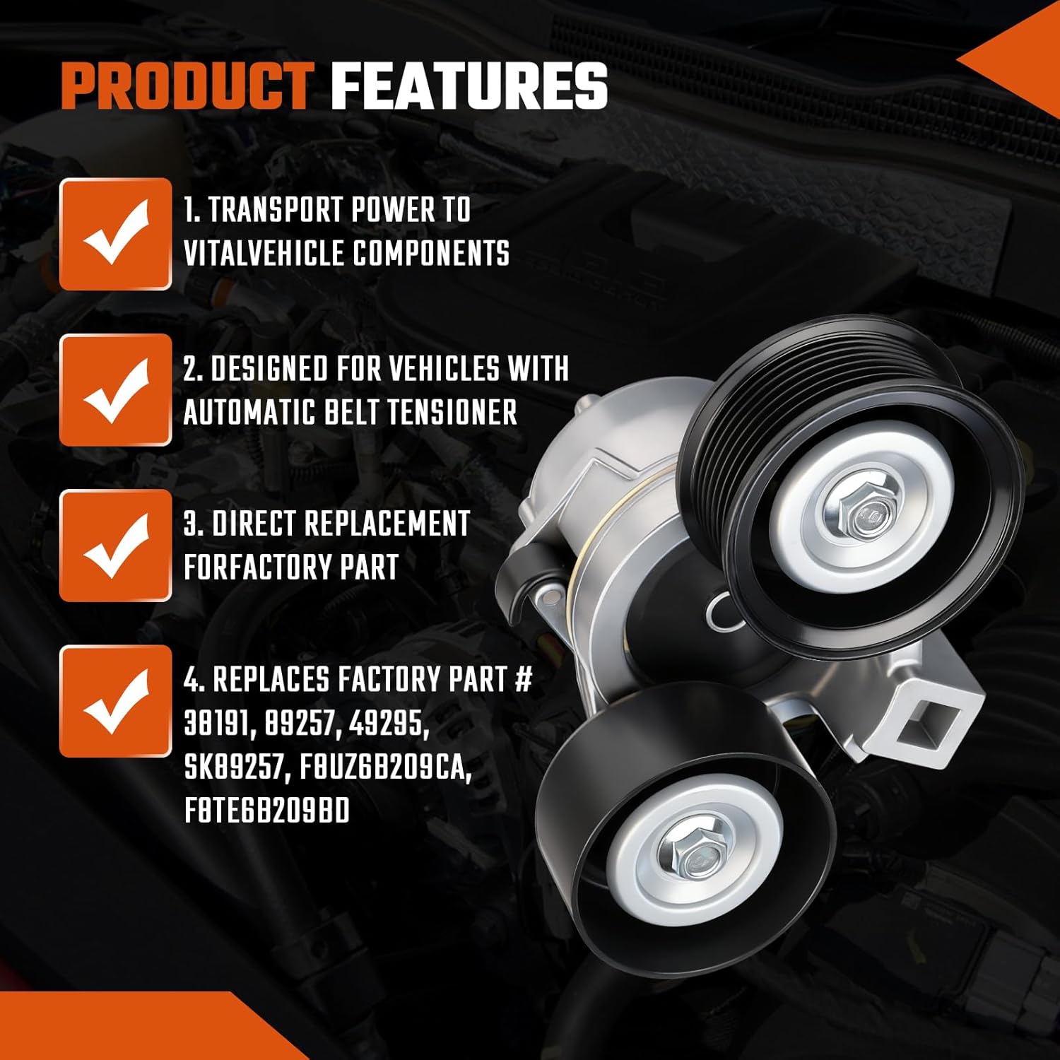 Belt Tensioner Assembly with Pulley, Fit for Ford Excursion 2000-2003, F-250 F-350 Super Duty, E-350 E-450 Super Duty 1999-2003, Replace# F8UZ6B209CA, F8TE6B209BD