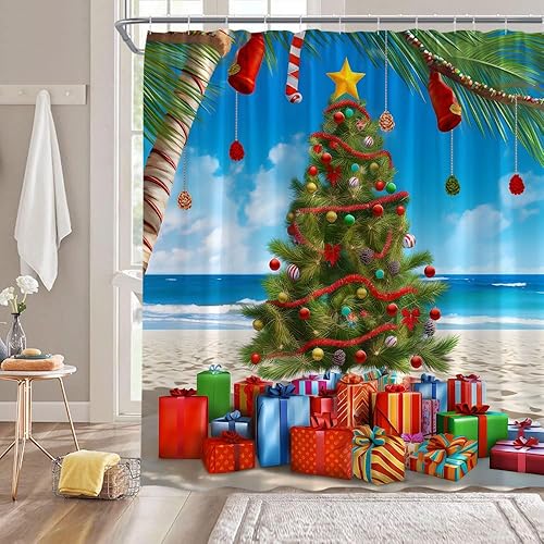 Miniatura 2 de Cortina de ducha de Navidad, lindo árbol de pino de Navidad, piña, playa tropical, palma del océano, divertida decoración de baño con ganchos