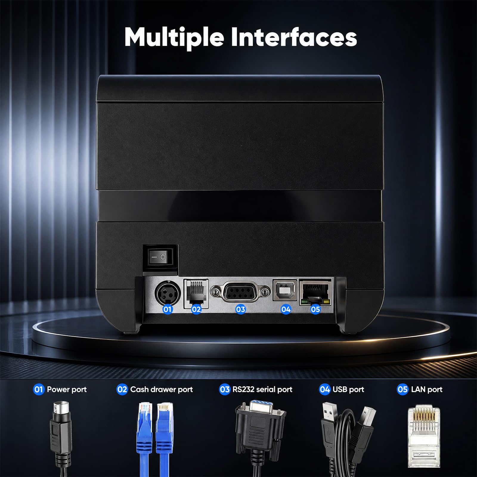 Bondrucker 80mm, 300mm/s Thermobondrucker mit USB Serial LAN Port Thermo Belegdrucker Quittungsdrucker mit Auto Cutter Kassenschublade Minidrucker Unterstützt ESC/POS für Windows/Mac/Linux