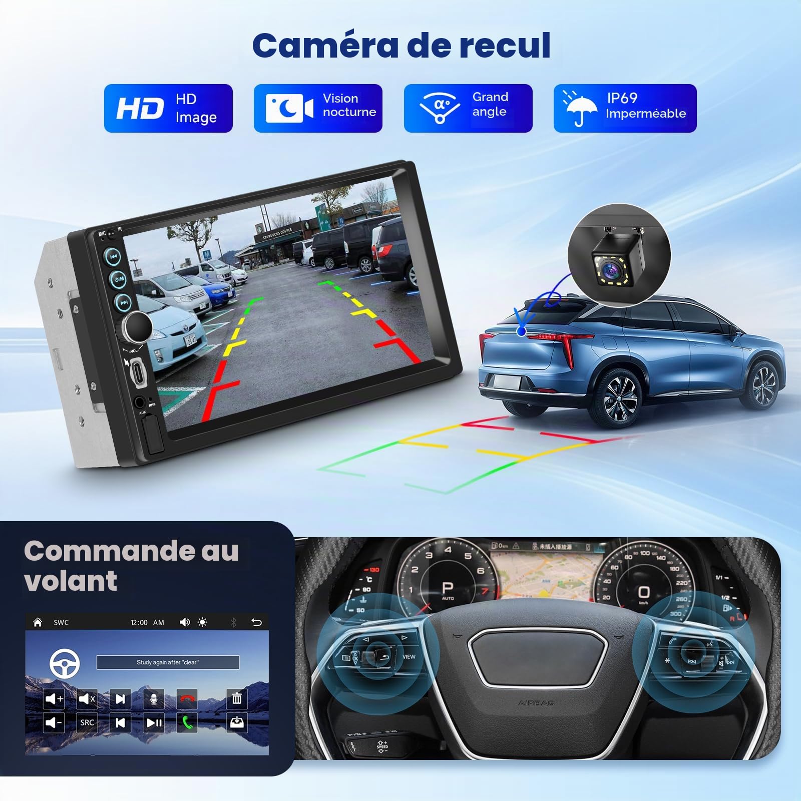 Hodozzy Autoradio 2 Din avec Carplay sans Fil Android Auto, Écran Tactile 7 Pouces Poste Radio Voiture Double Din Bluetooth, Lien Miroir, FM Type-C/USB/AUX, MP5 Lecteur Autoradio avec Caméra Recul