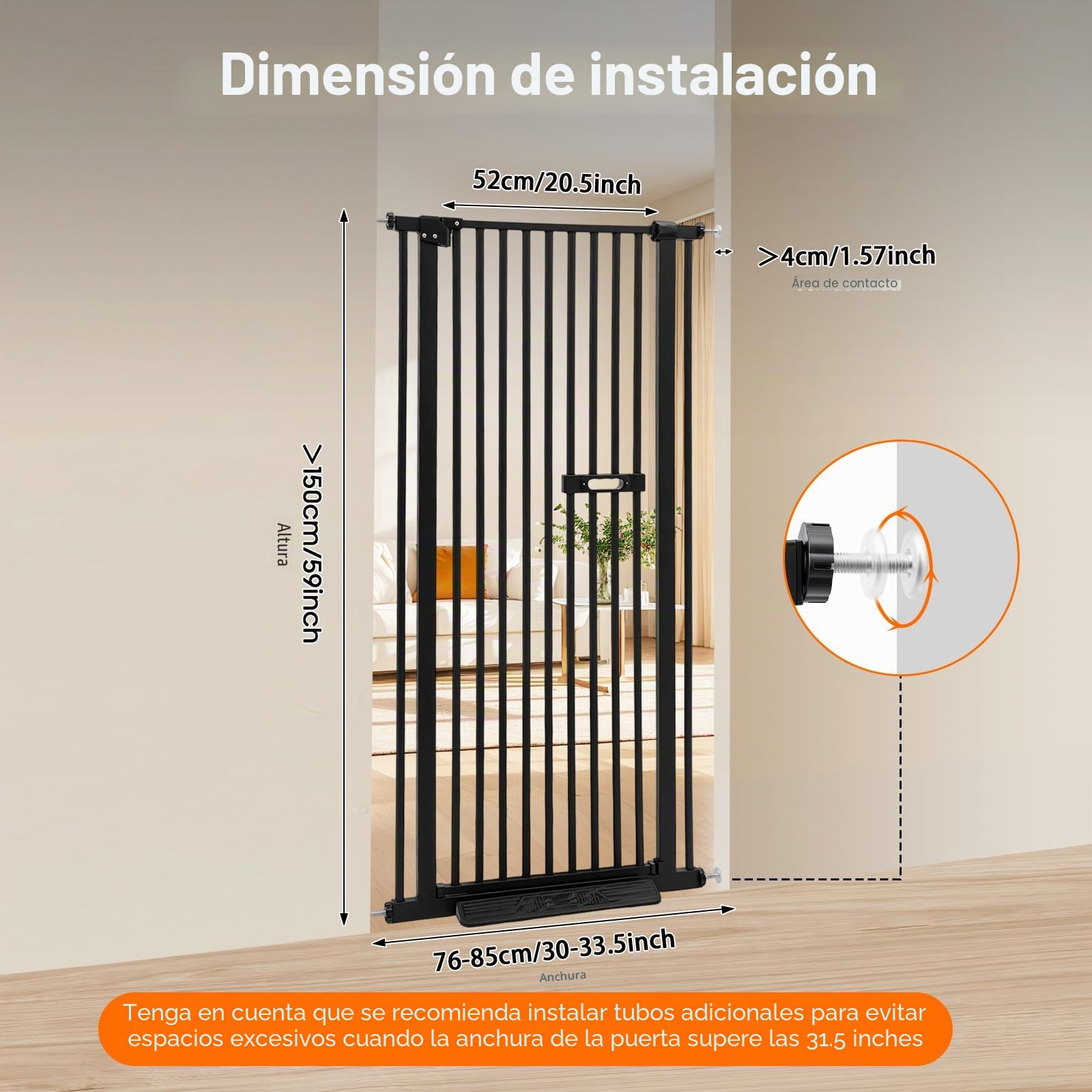 Puerta de protección para mascotas, 150 cm, extra alta, barrera de escalera para niños, perros y gatos, puerta extensible de 76-85 cm con apertura bidireccional y función de cierre automático