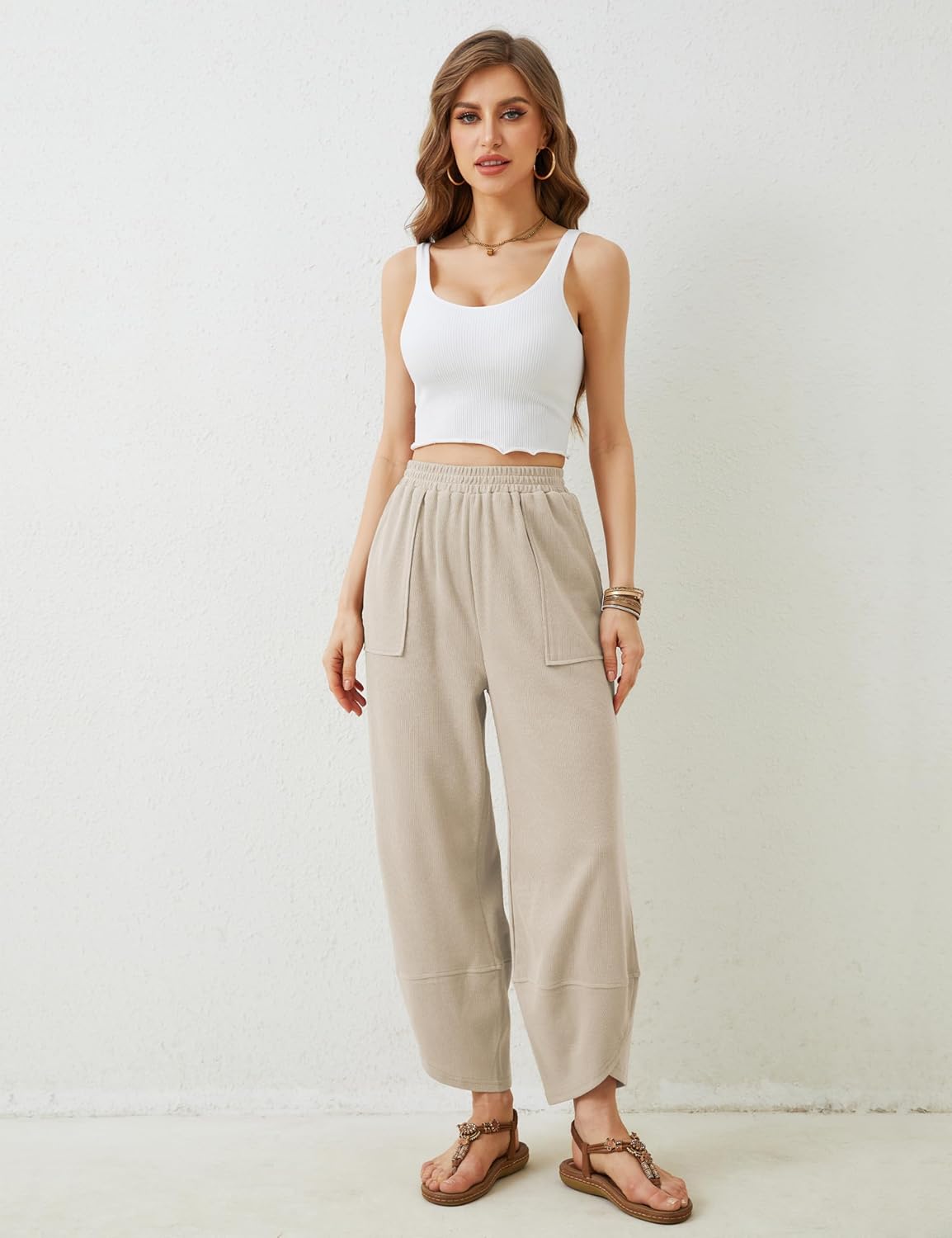 Womens Baggy Wide Leg Pants Summer Casual Elastic Waist Palazzo Harem Pants with Pockets - Image 2