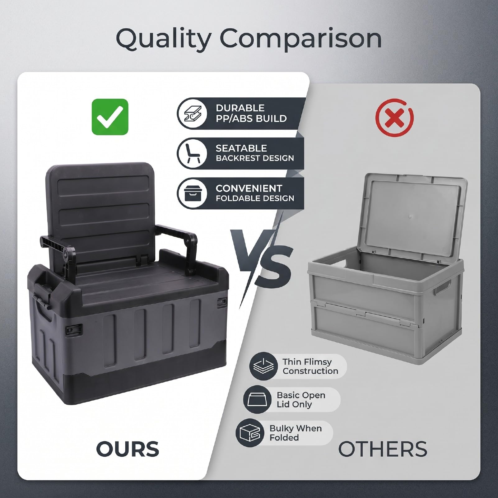AMONIDA Caja Plegable para Acampar con Asiento, Almacenamiento y Asiento Duraderos de Gran Capacidad de 60L para Aventuras Al Aire, Negro y Gris