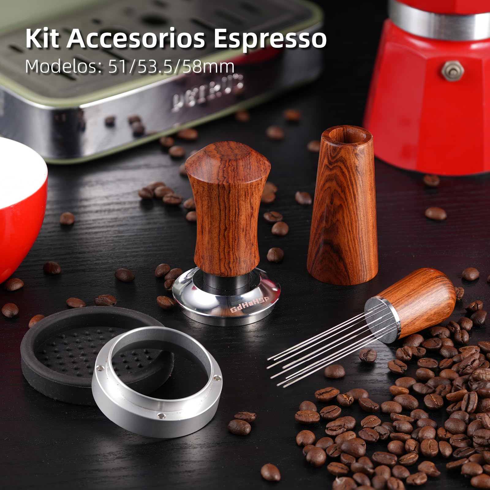 Kit BaristaTamper 58mm,Prensador de Cafe,Wdt Tool,Anillo Dosificador Cafe y Tampermatte Set,Accesorios Cafetera Barista para Portafiltro 58 mm Accesorios Cafe
